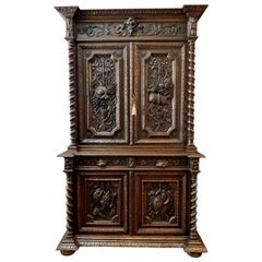19th Century French Carved Oak Hunt Cabinet Bookcase Barley Twist Renaissance