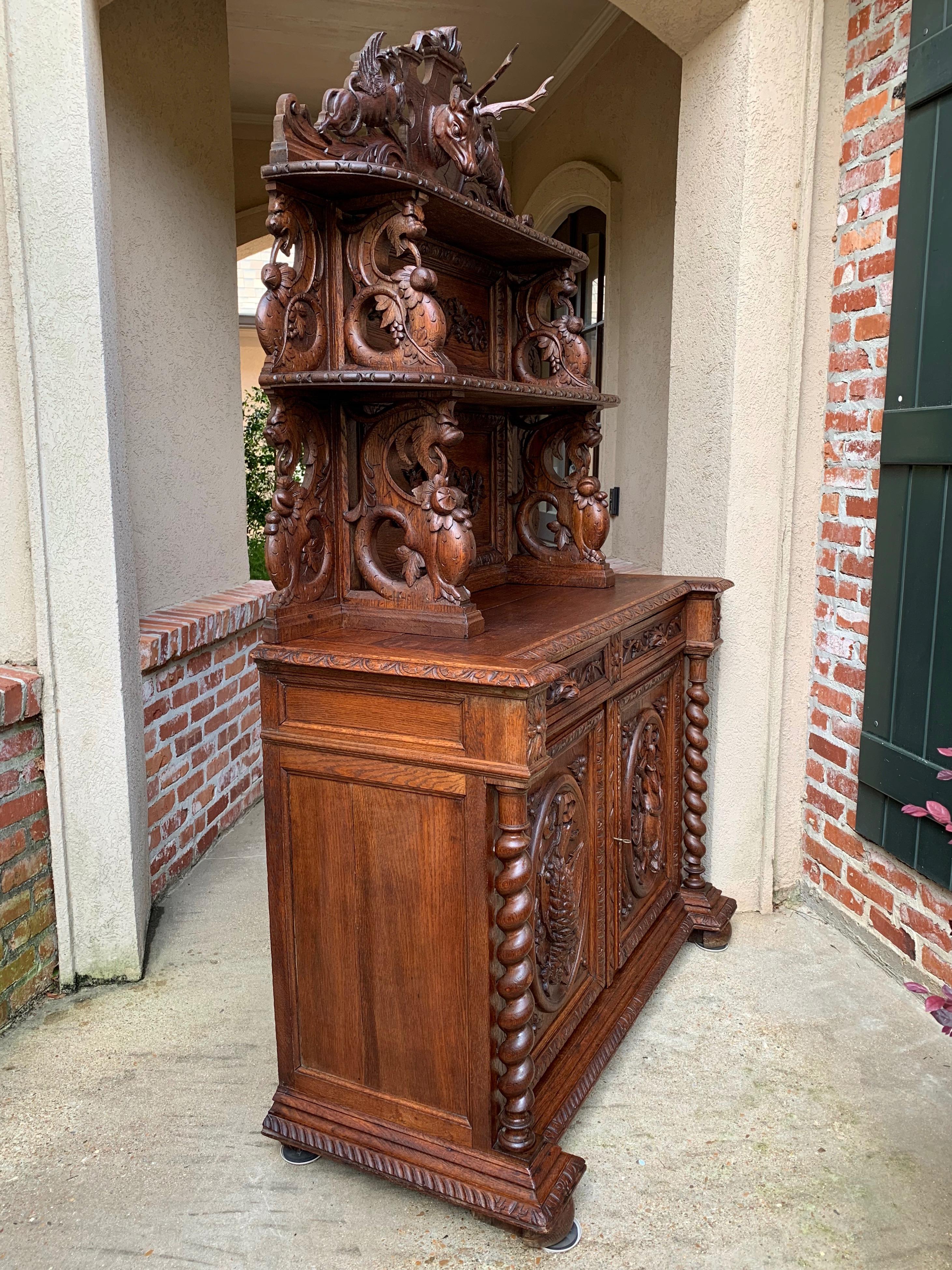 19th Century French Carved Oak Hunt Cabinet Bookcase Black Forest Barley Twist 7
