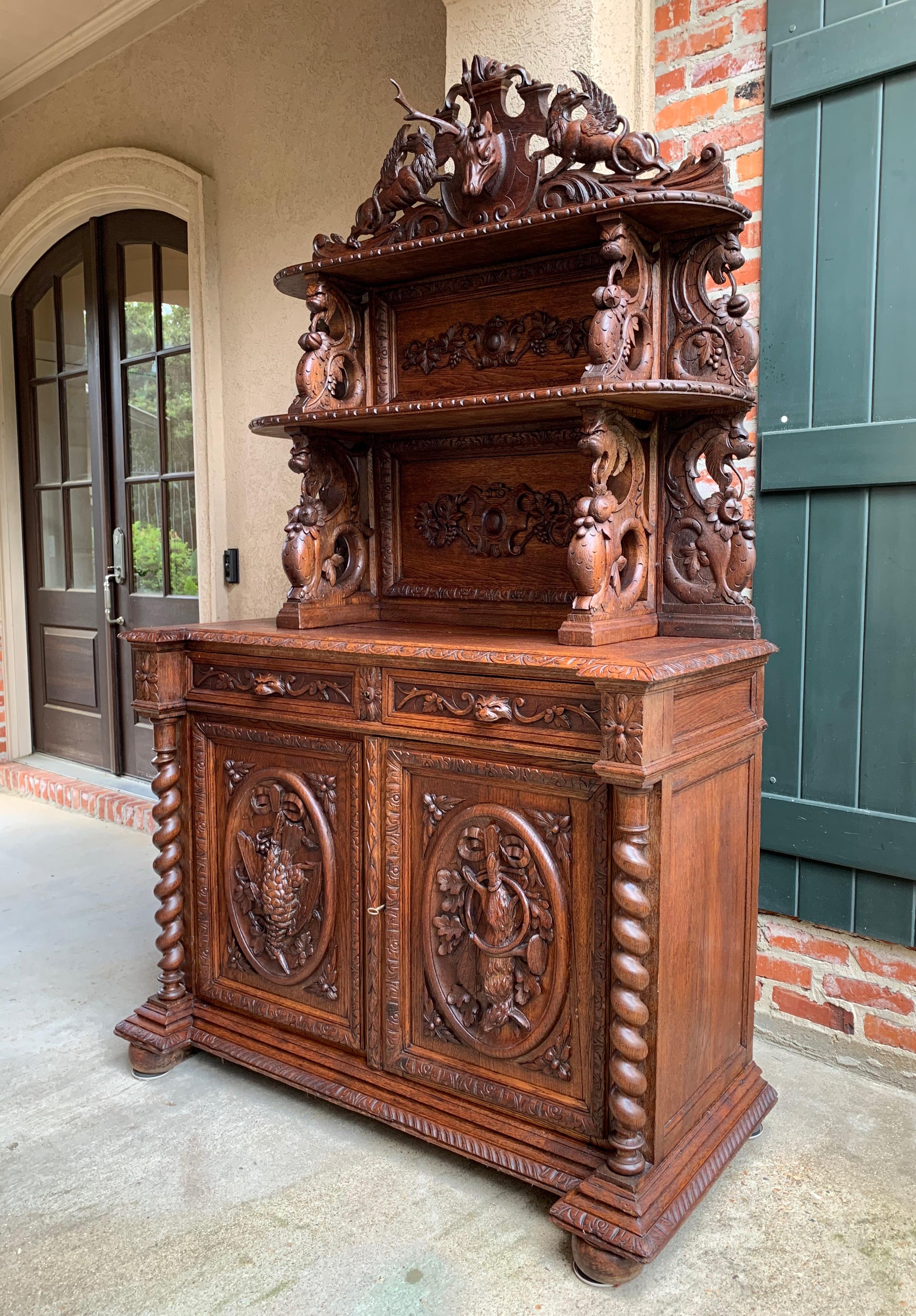 Hand-Carved 19th Century French Carved Oak Hunt Cabinet Bookcase Black Forest Barley Twist