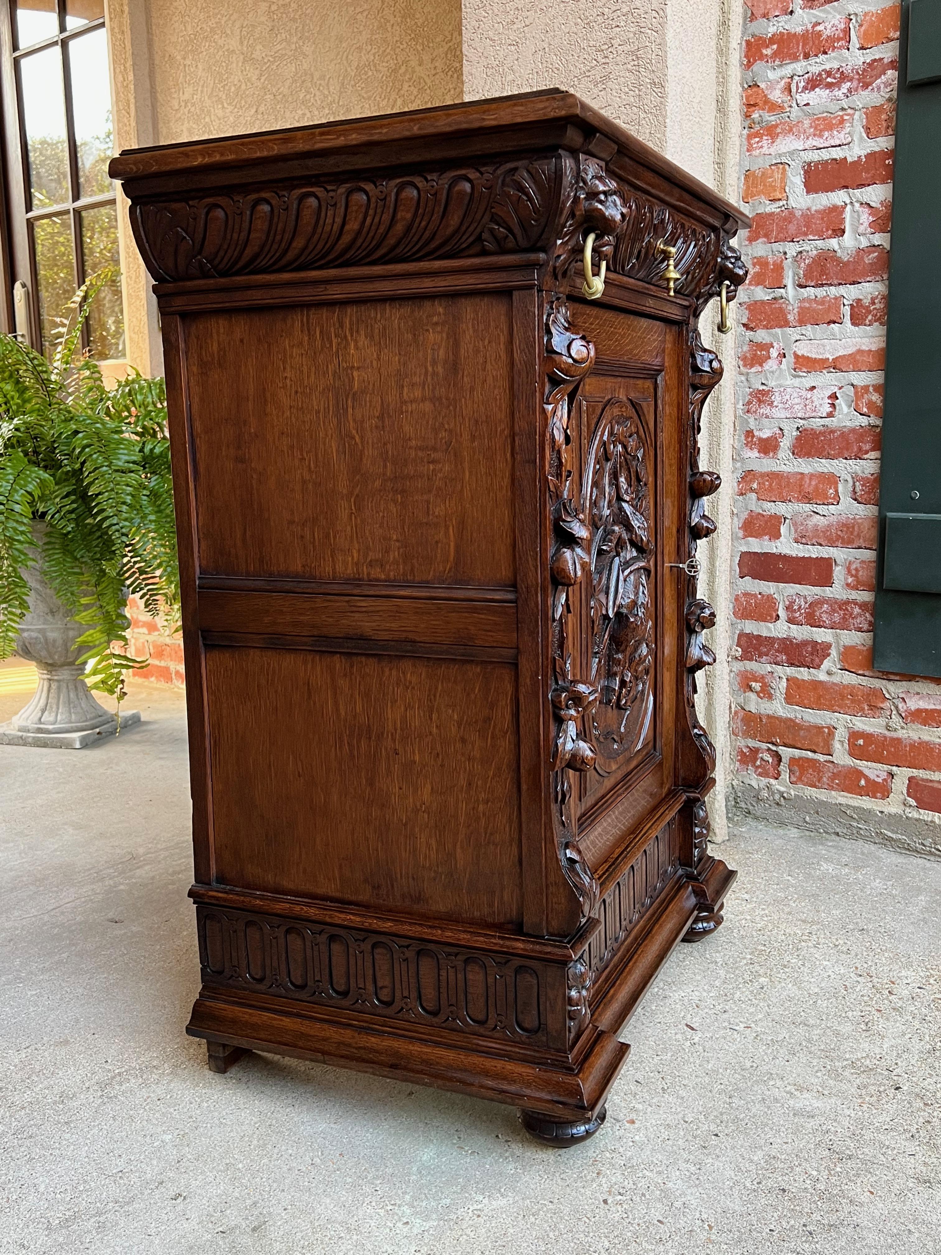Antique French Carved Oak Hunt Cabinet Confiturier Black Forest Fox Wine Cabinet For Sale 11
