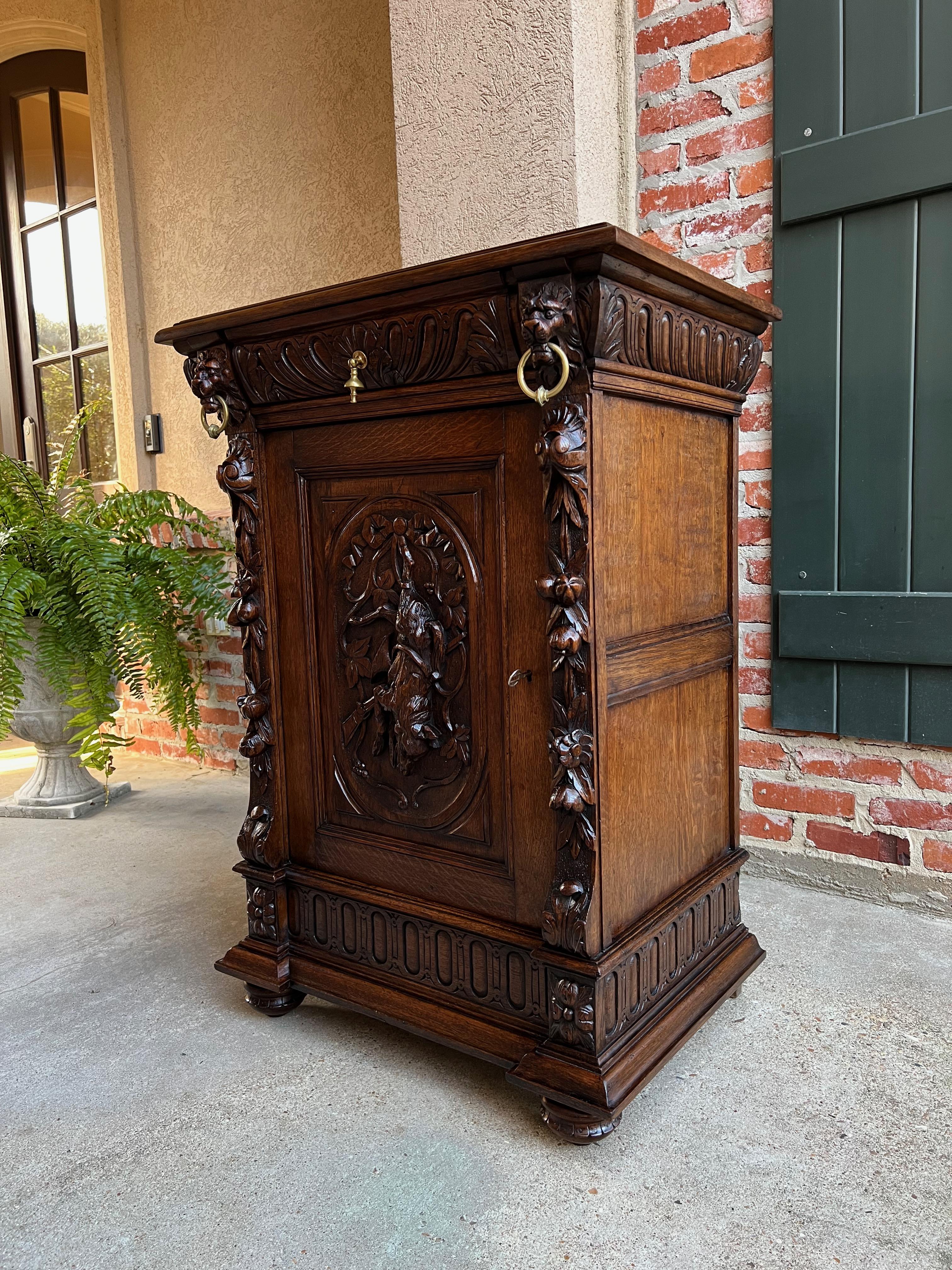 19th Century Antique French Carved Oak Hunt Cabinet Confiturier Black Forest Fox Wine Cabinet For Sale