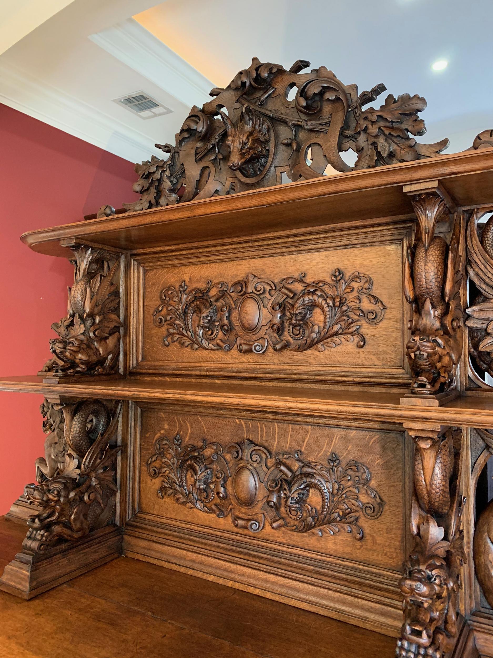 19th Century French Carved Oak Hunt Cabinet Renaissance Bookcase Sideboard Fox 11