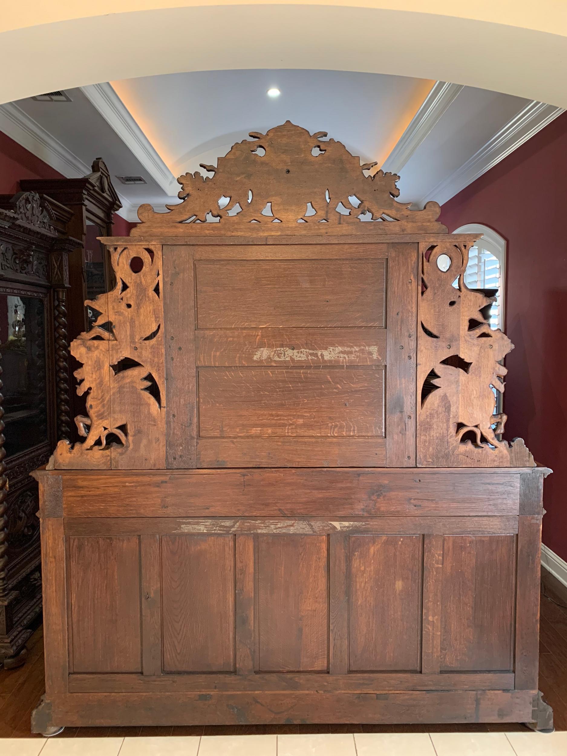 19th Century French Carved Oak Hunt Cabinet Renaissance Bookcase Sideboard Fox 15