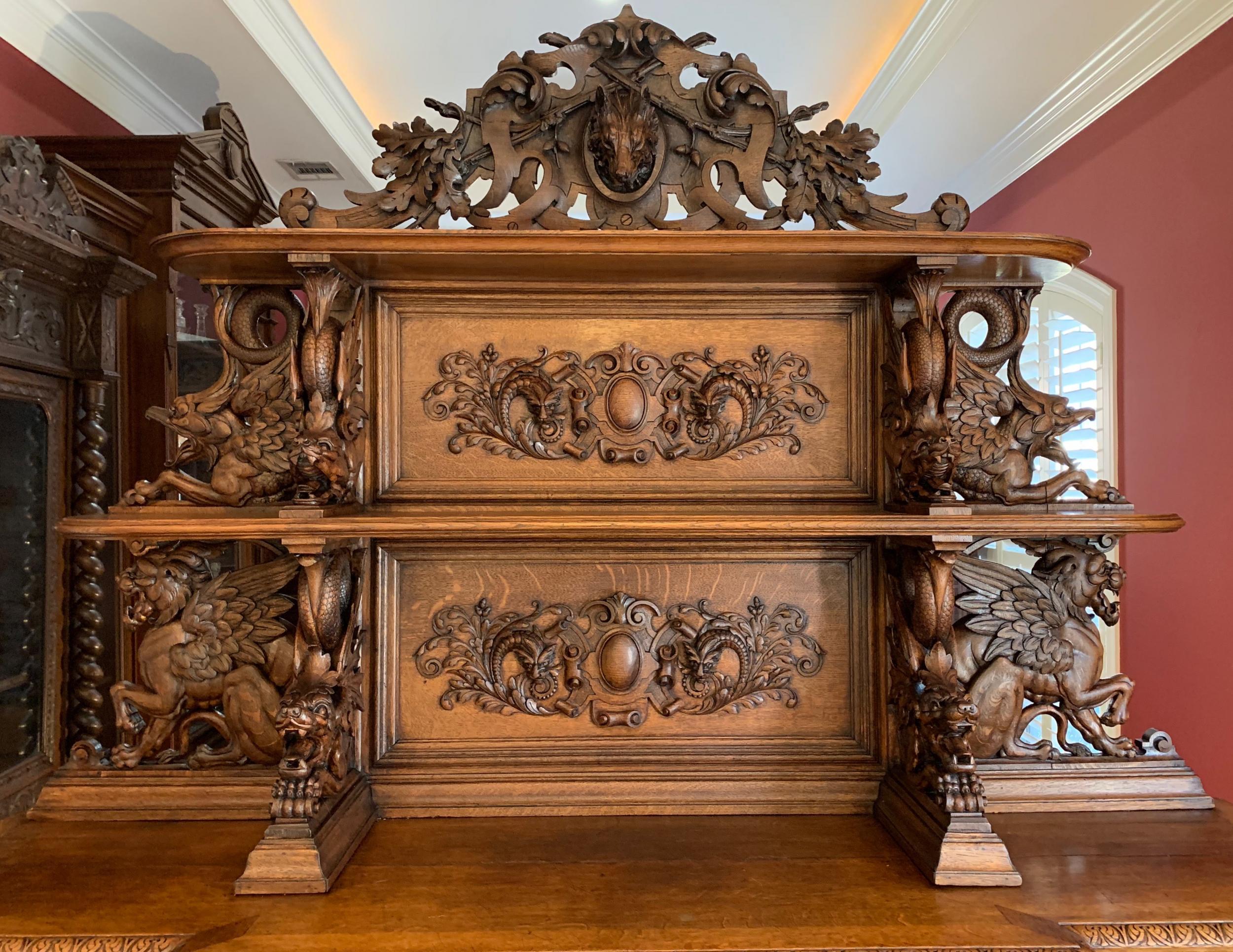 Hand-Carved 19th Century French Carved Oak Hunt Cabinet Renaissance Bookcase Sideboard Fox