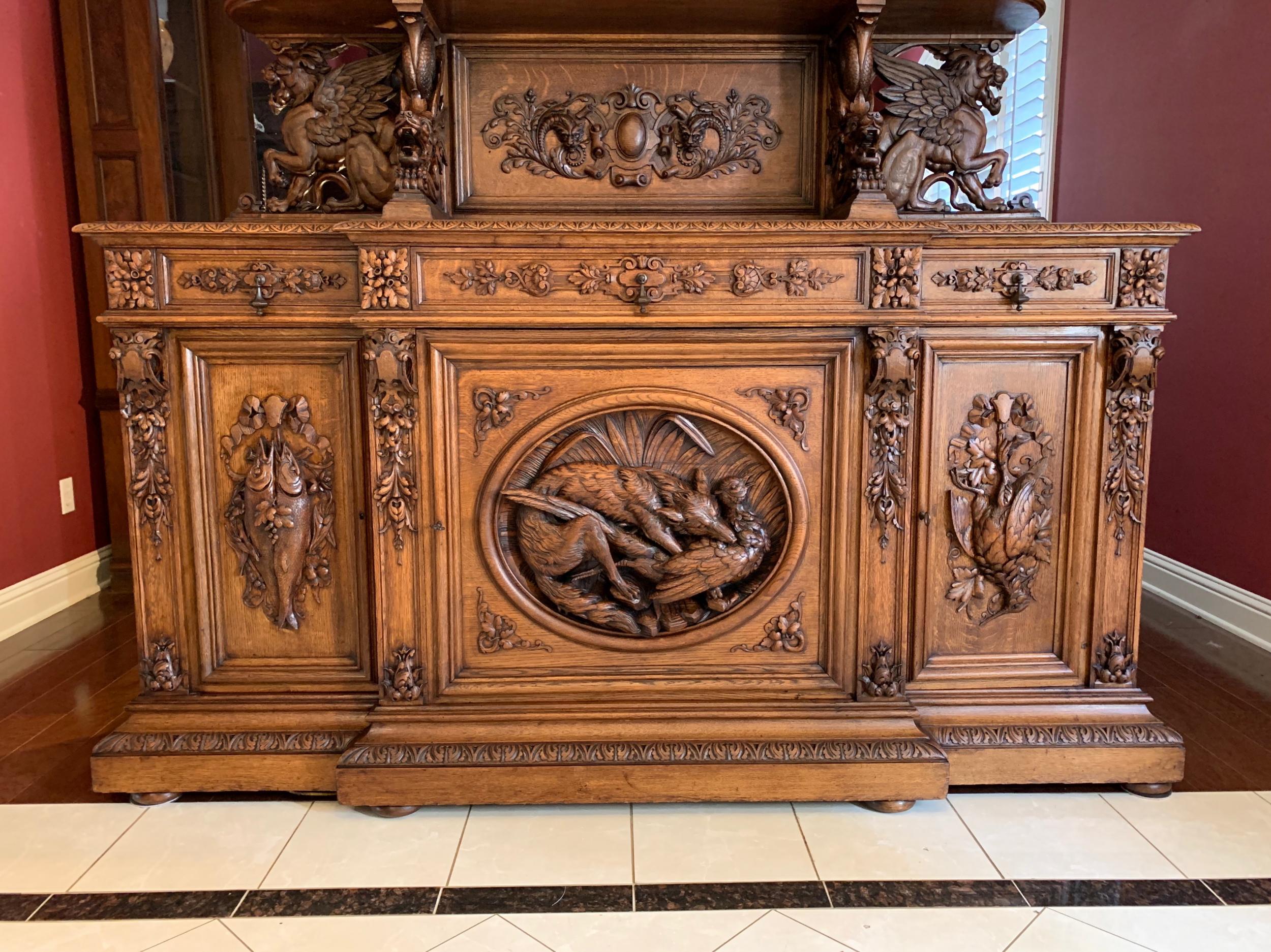 19th Century French Carved Oak Hunt Cabinet Renaissance Bookcase Sideboard Fox 1