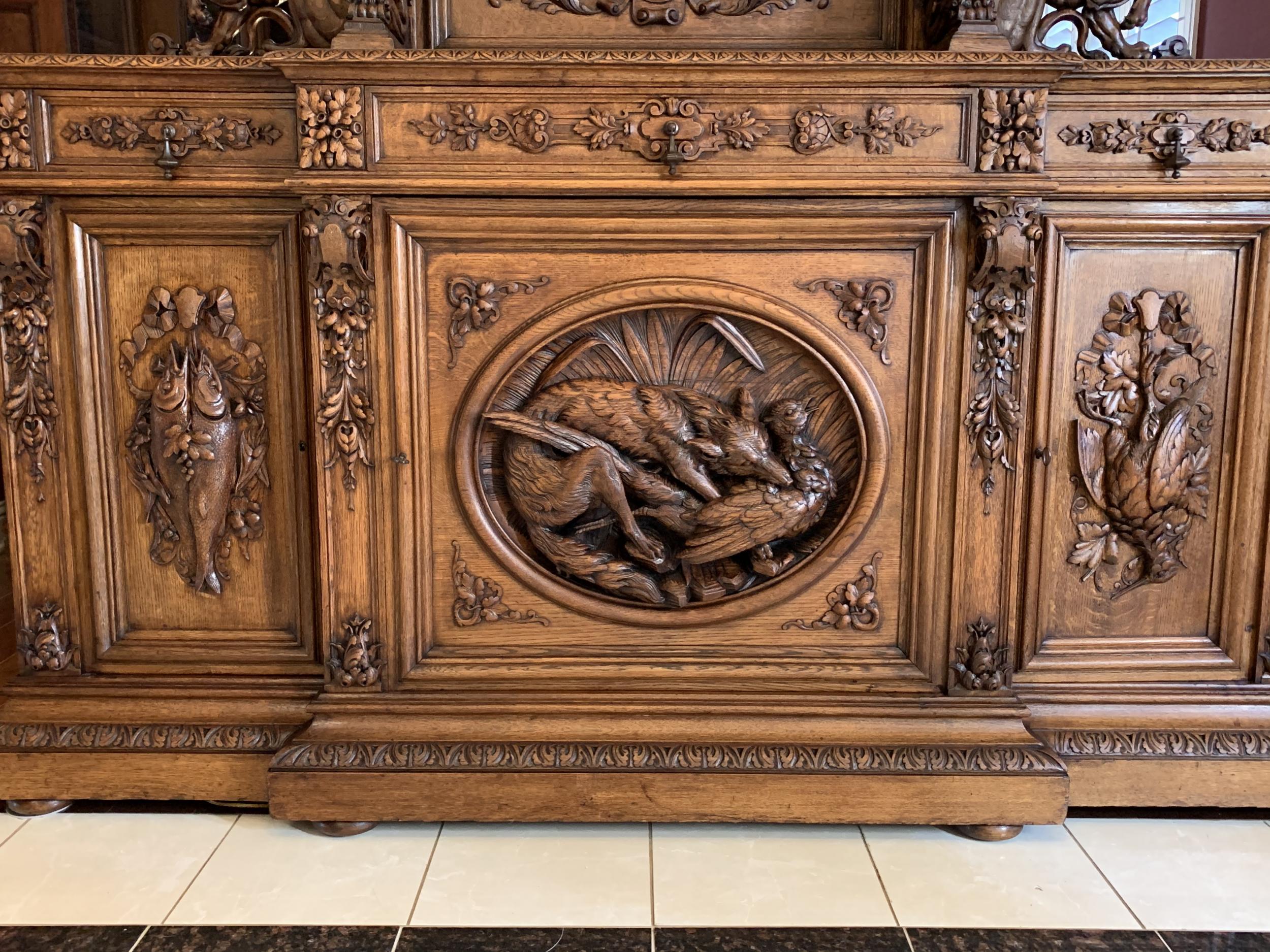 19th Century French Carved Oak Hunt Cabinet Renaissance Bookcase Sideboard Fox 2