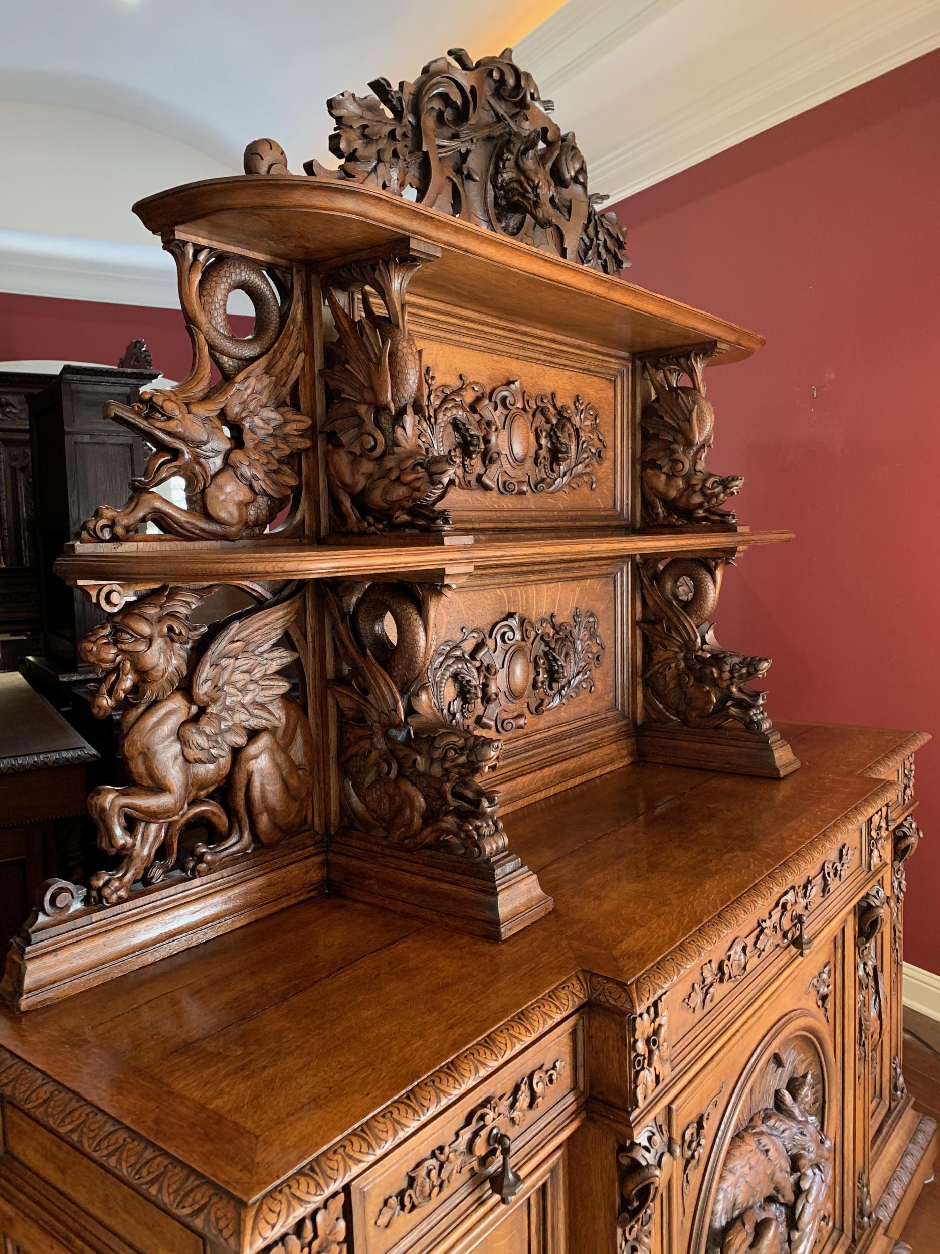 19th Century French Carved Oak Hunt Cabinet Renaissance Bookcase Sideboard Fox 4