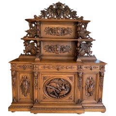 19th Century French Carved Oak Hunt Cabinet Renaissance Bookcase Sideboard Fox