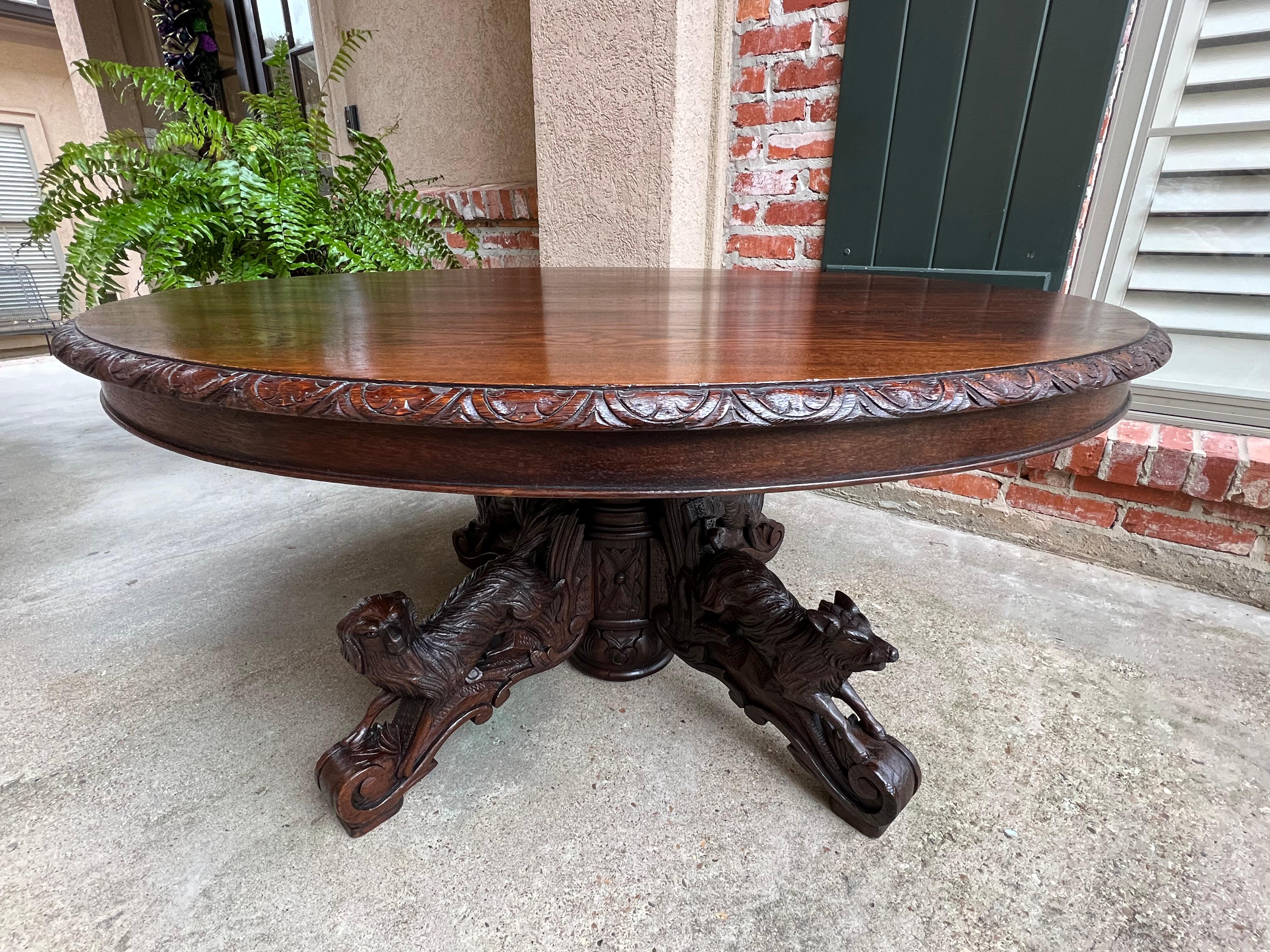 Hand-Carved 19th century French Carved Oak Hunt Coffee Sofa Table Black Forest Hound Fox	