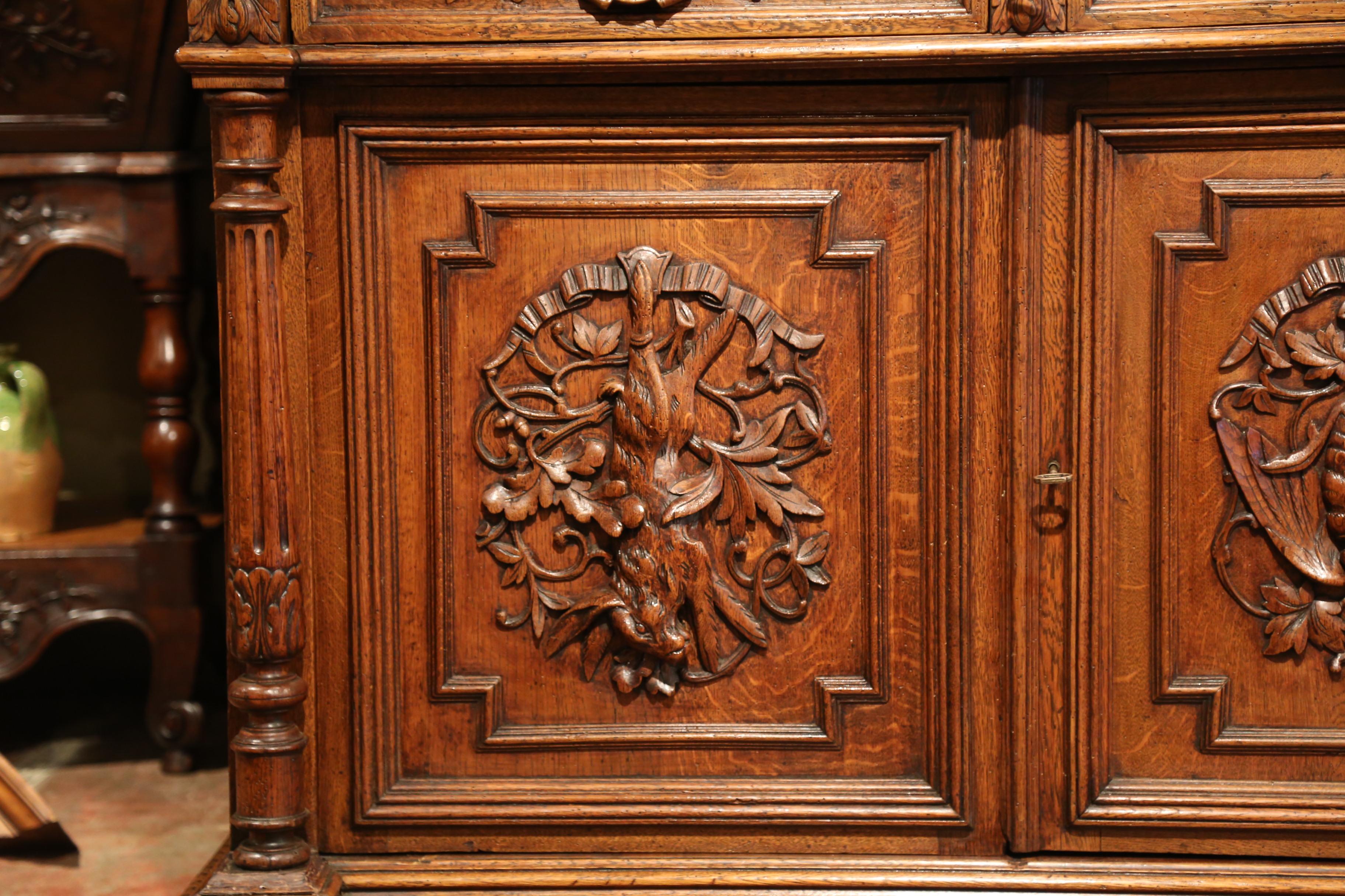 19th Century French Carved Oak Nine-Gun Display Buffet Cabinet with Hunt Motifs 1