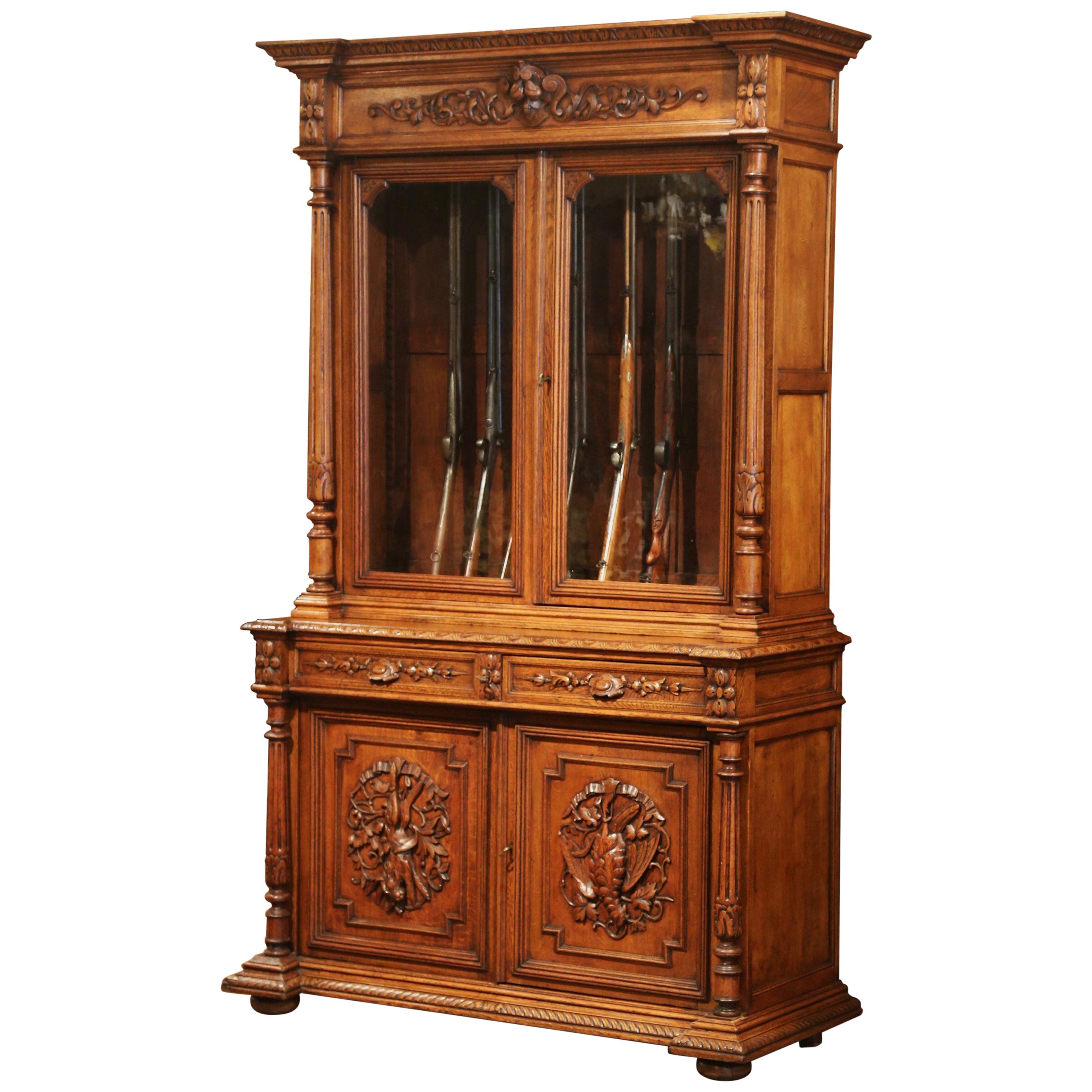 19th Century French Carved Oak Nine-Gun Display Buffet Cabinet with Hunt Motifs