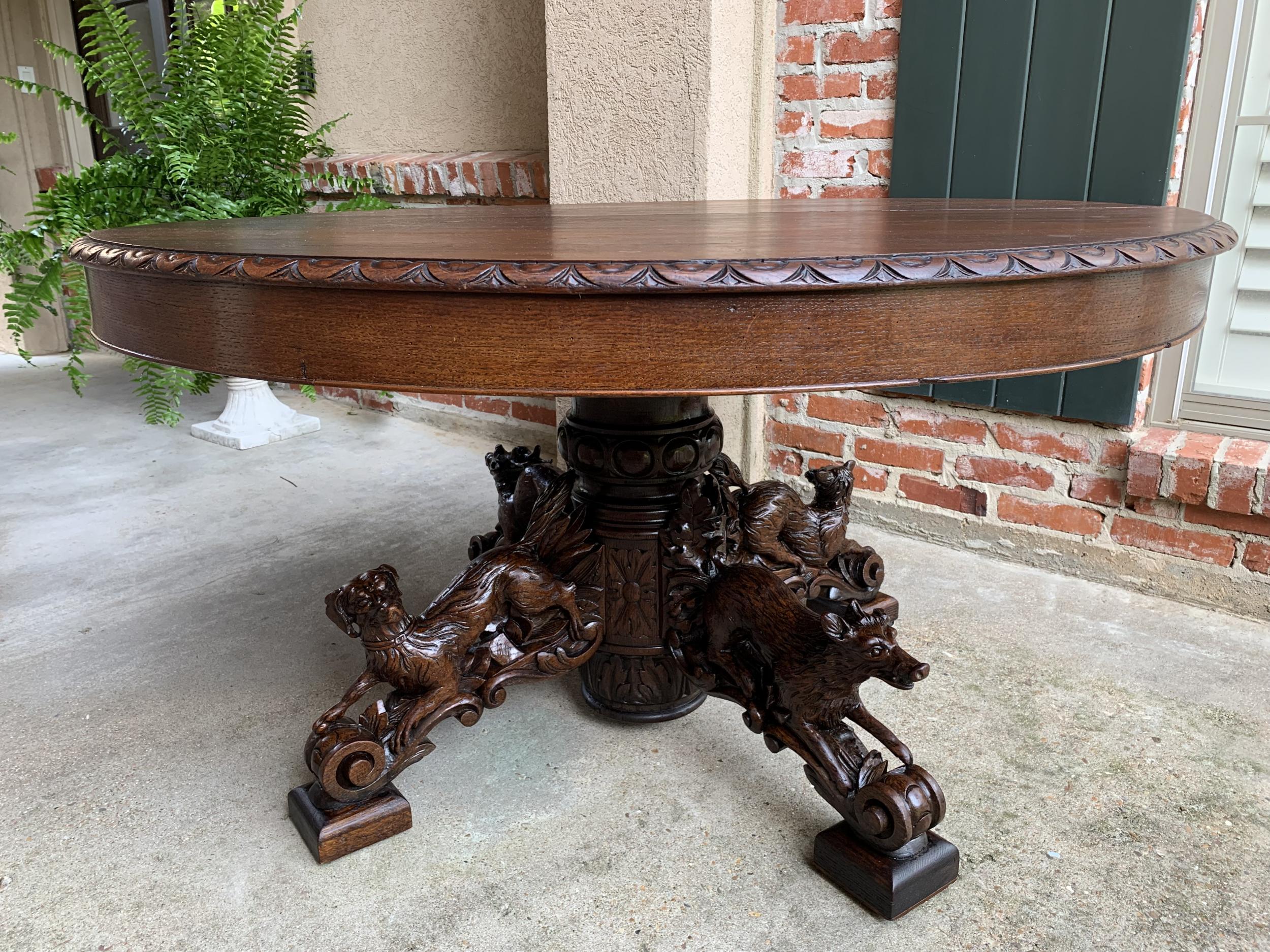19th Century French Carved Oak Oval Dining Hunt Table Black Forest Animal Lodge 7