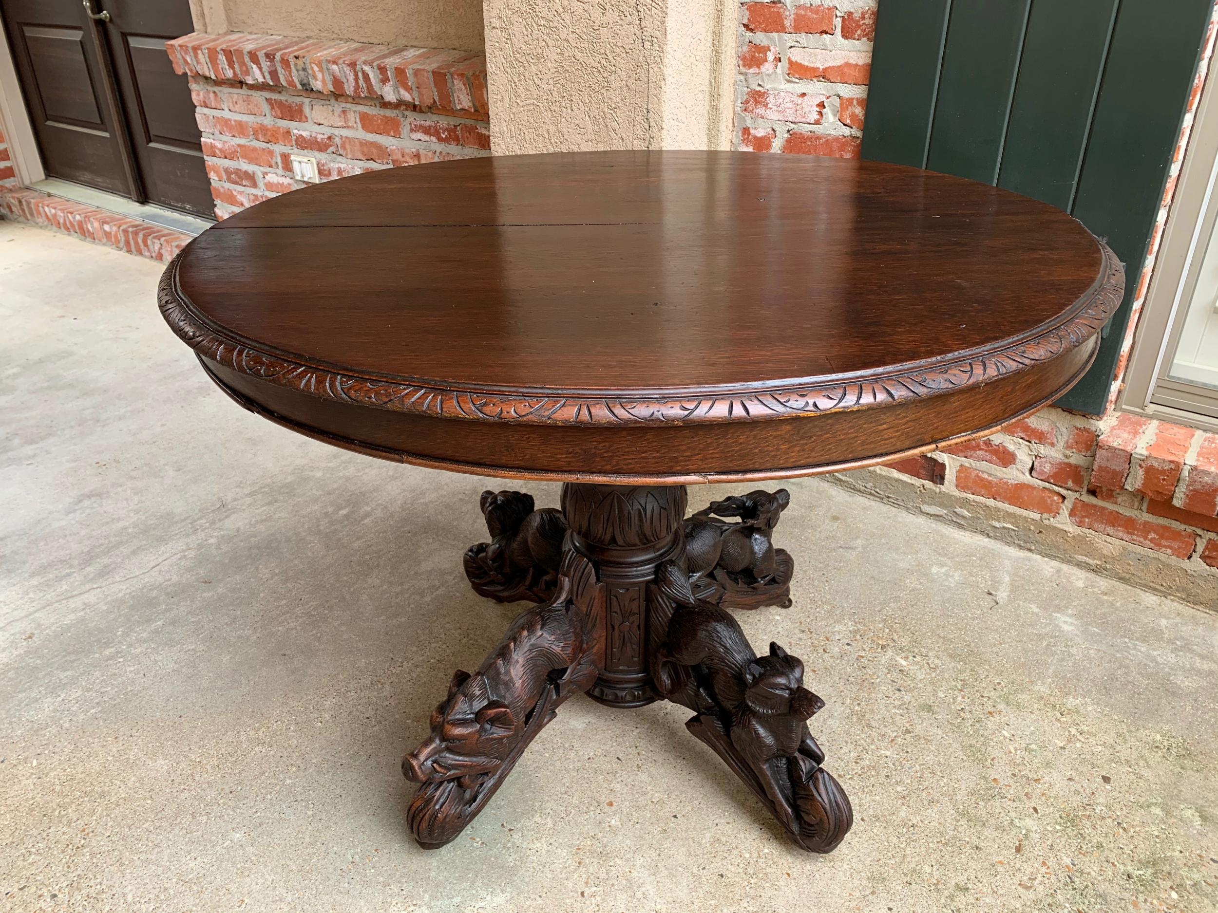 19th century French carved oak oval dining hunt table Black Forest animal lodge

~Direct from France~
~Gorgeous hand carved antique French “hunt” dining/game table~
~(Possibly commissioned for an aristocratic hunting lodge, circa 1880, in the