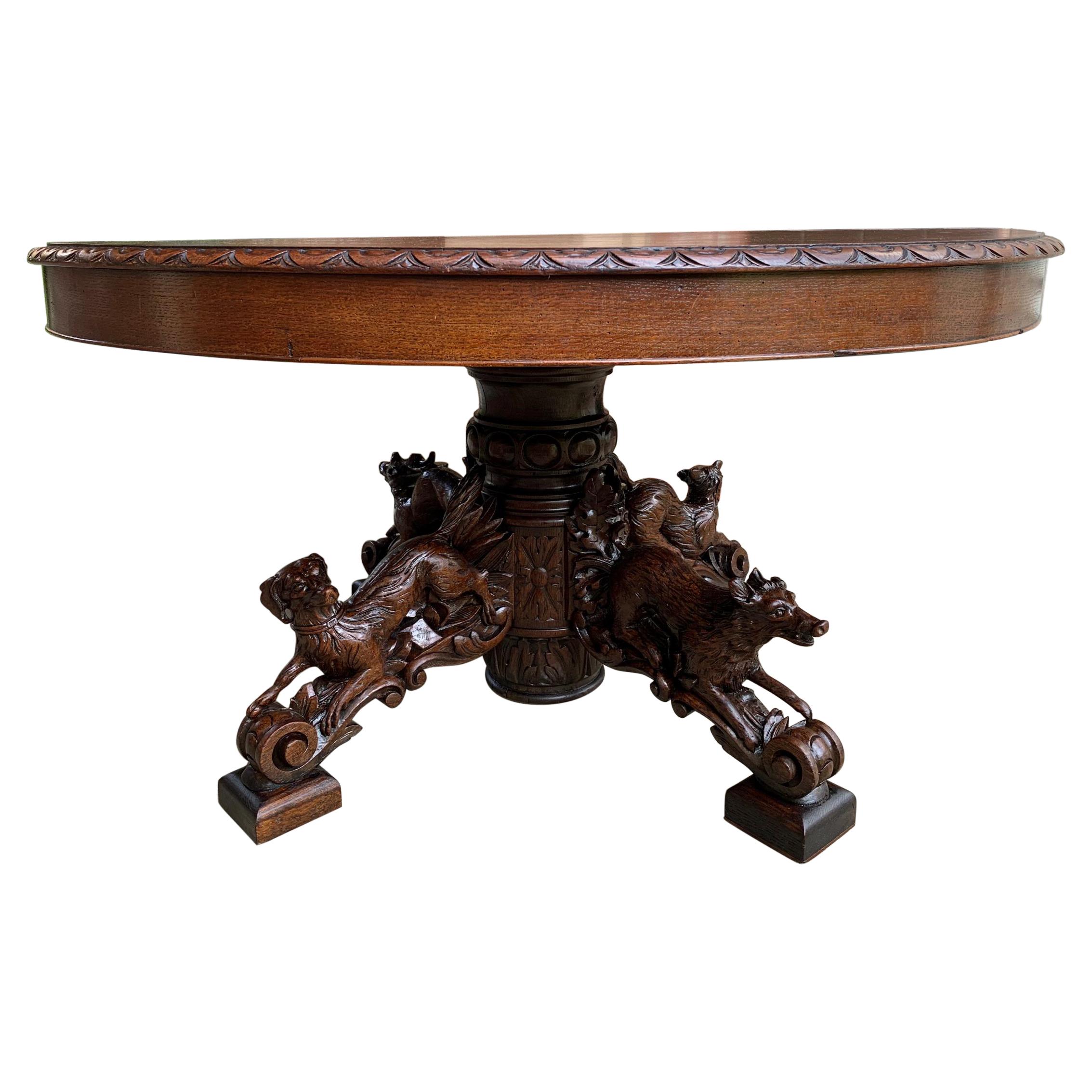 19th Century French Carved Oak Oval Dining Hunt Table Black Forest Animal Lodge