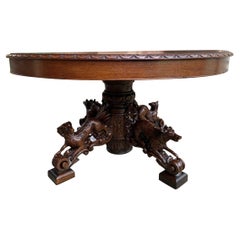 Antique 19th Century French Carved Oak Oval Dining Hunt Table Black Forest Animal Lodge