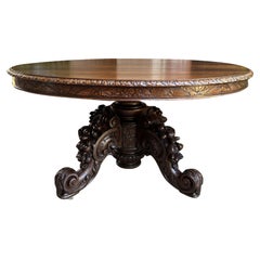 Antique 19th Century French Carved Oak Oval Dining Table Black Forest Game Library Table
