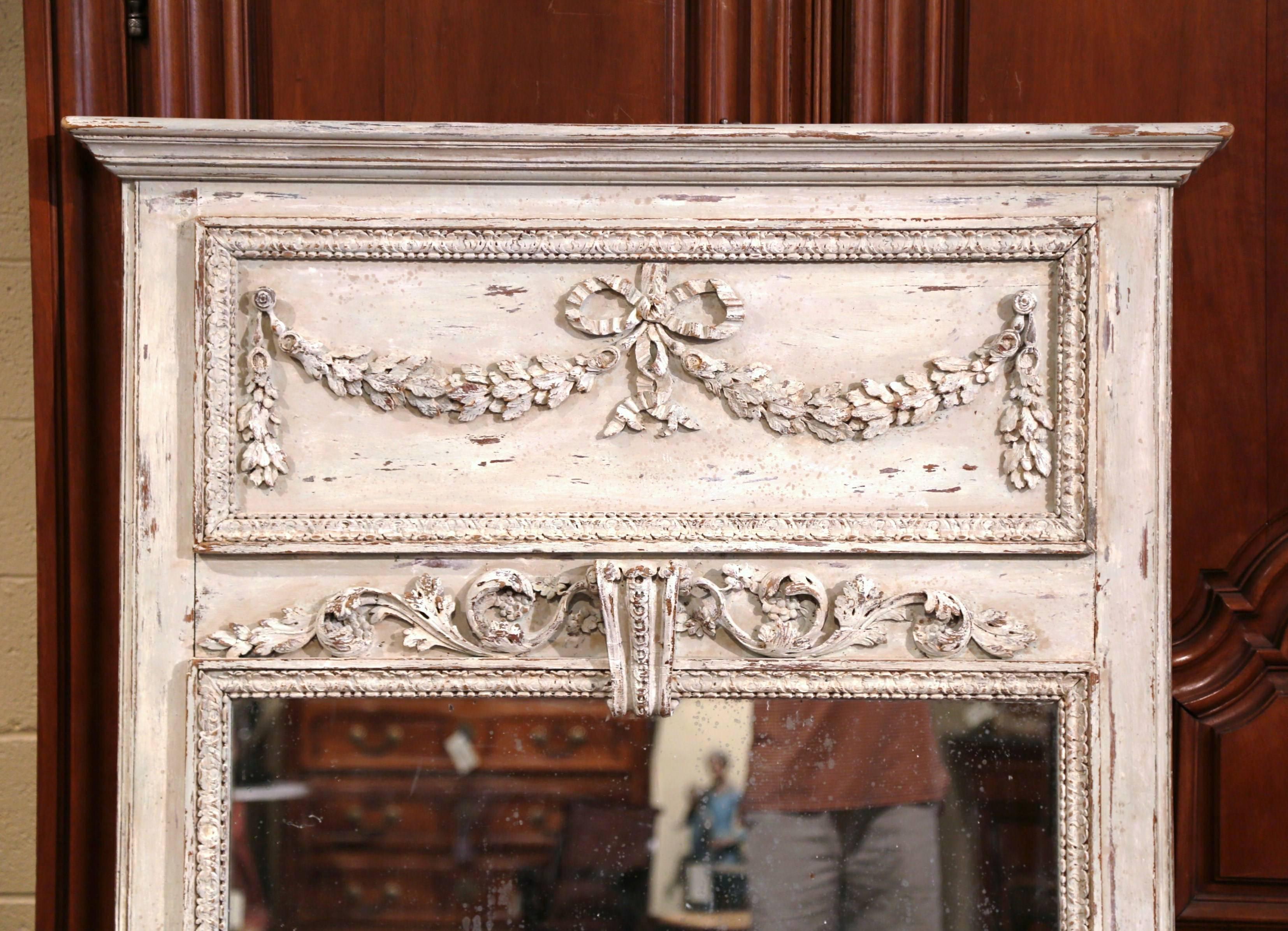 Louis XVI 19th Century French Carved Oak Painted Trumeau Mirror from Normandy