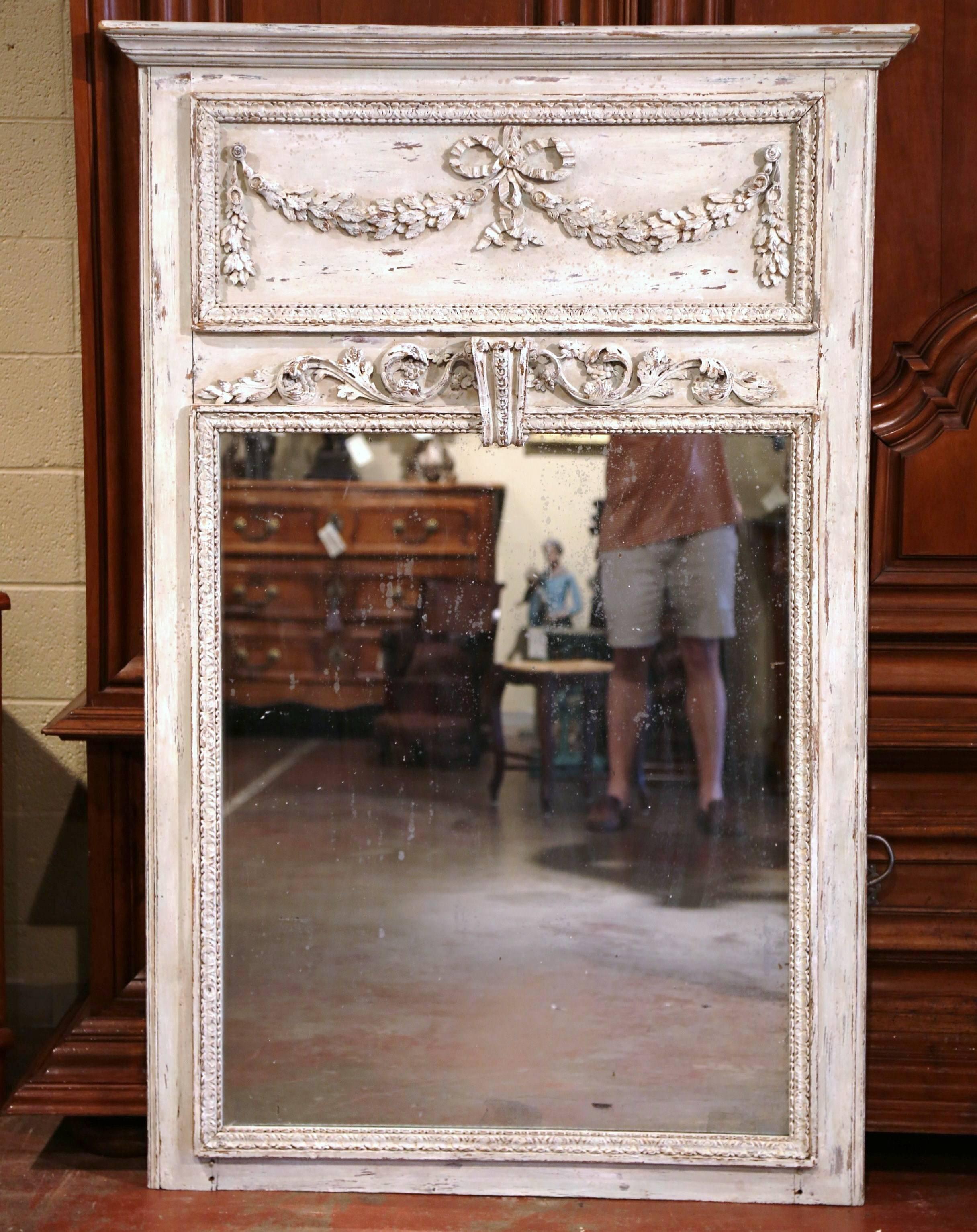 Hand-Carved 19th Century French Carved Oak Painted Trumeau Mirror from Normandy