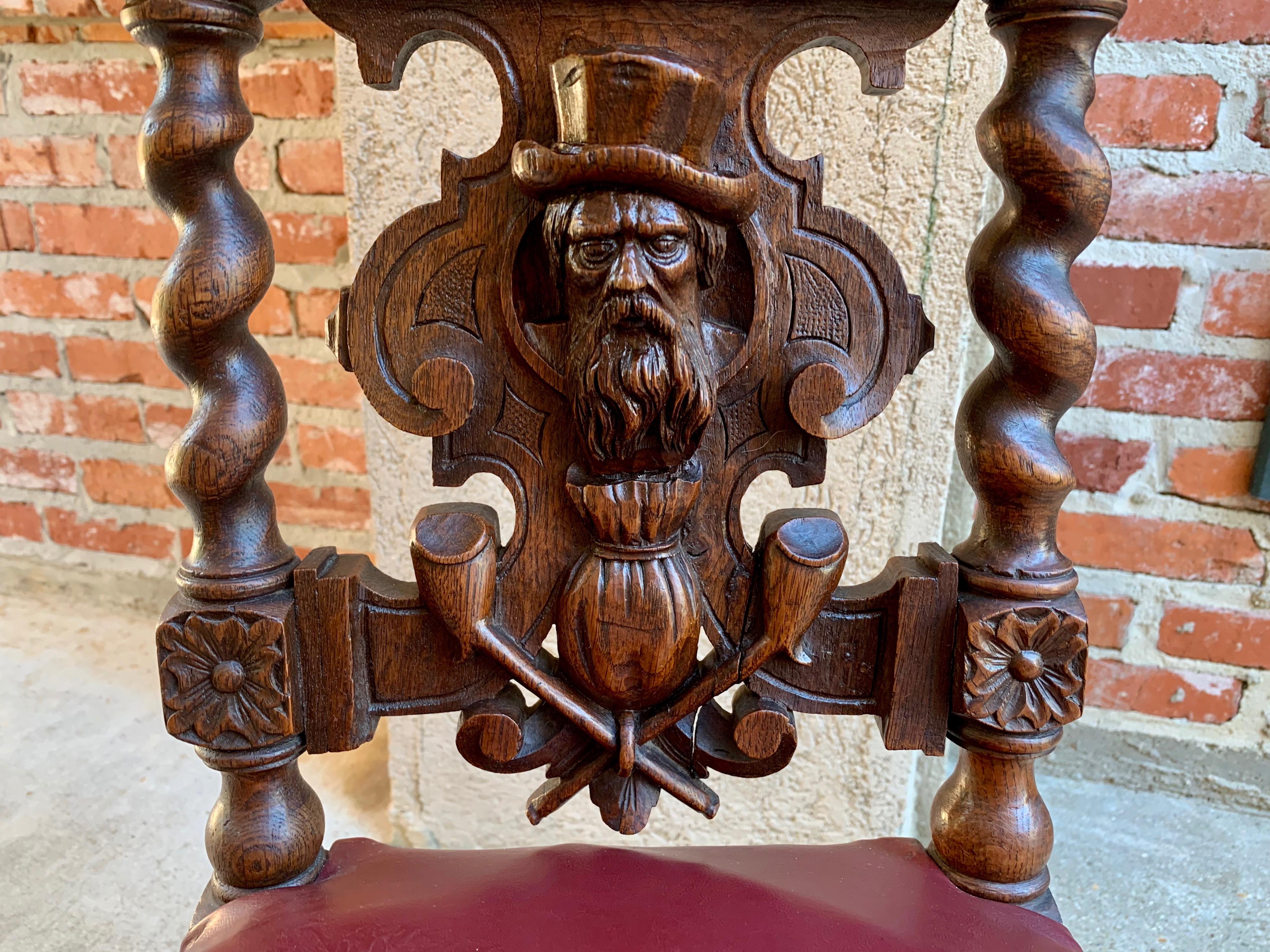 French Provincial 19th Century French Carved Oak Hall Chair Fumeur Barley Twist Breton Cigar Club