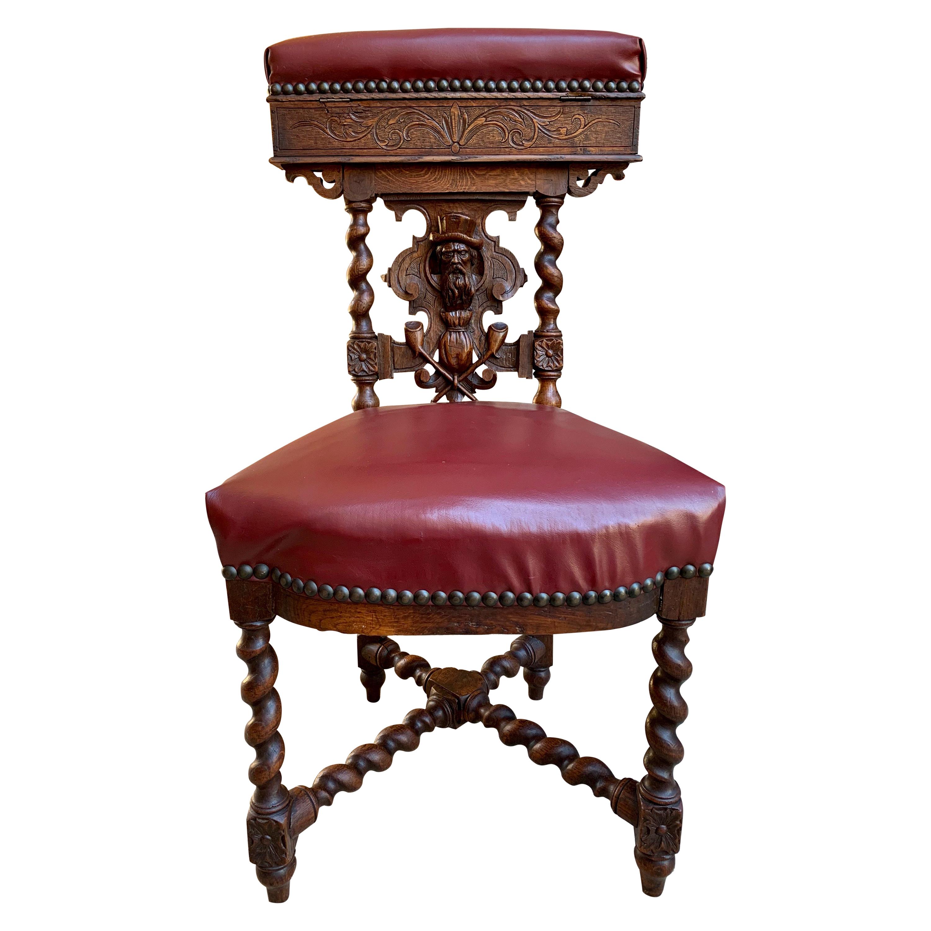 19th Century French Carved Oak Hall Chair Fumeur Barley Twist Breton Cigar Club