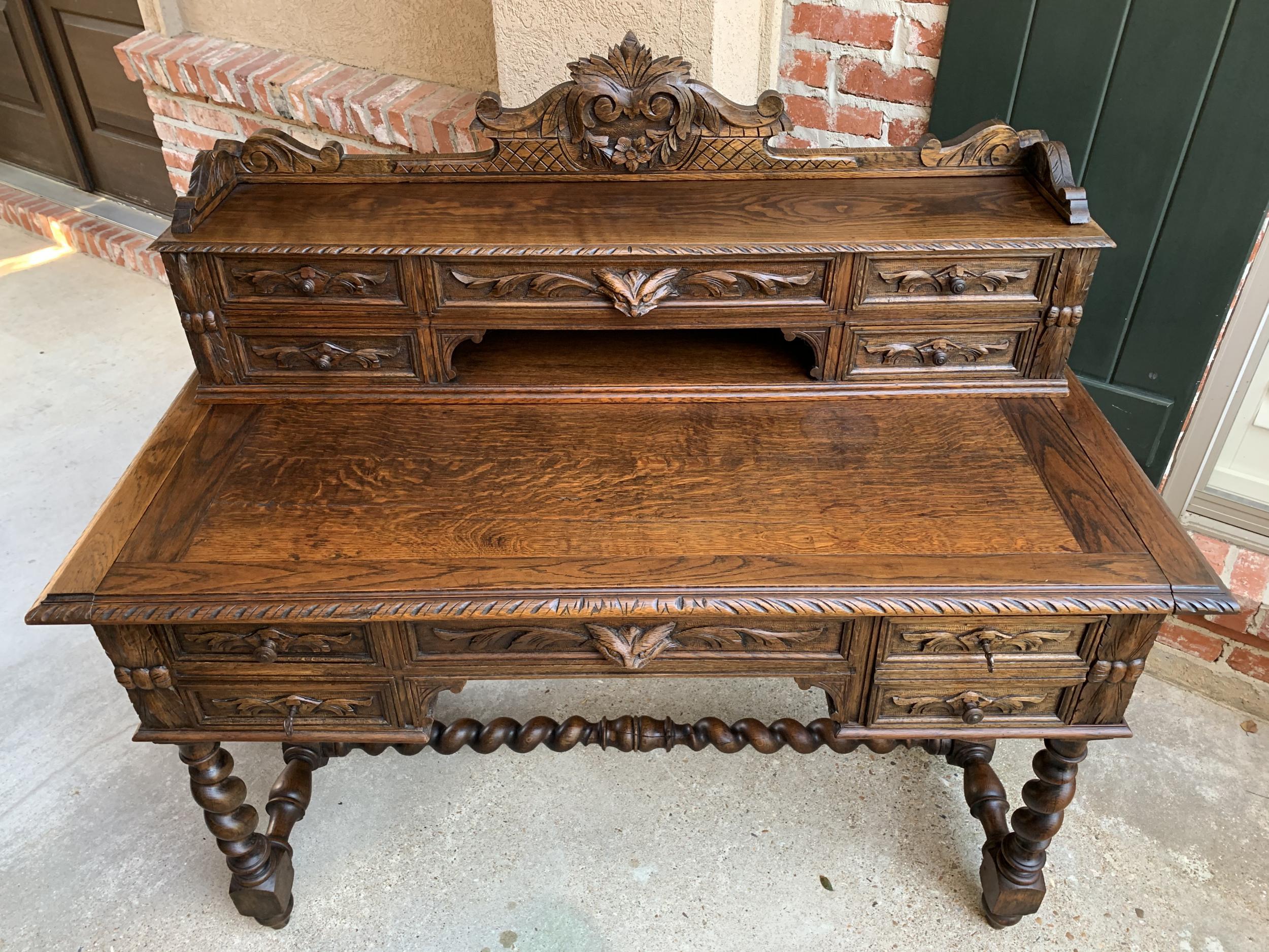 19th Century French Carved Oak Renaissance Desk Barley Twist Gothic Library 10