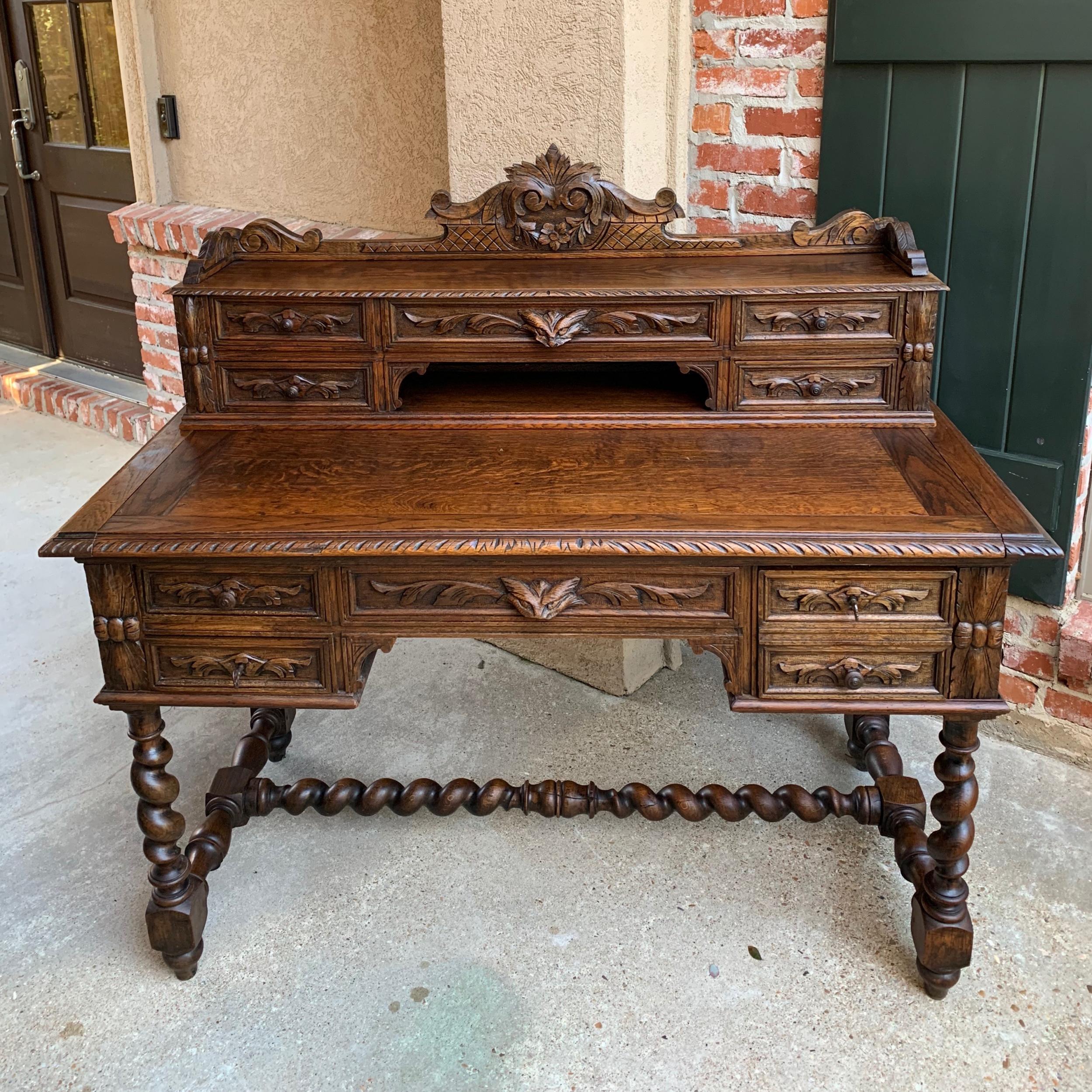 Louis XIV 19th Century French Carved Oak Renaissance Desk Barley Twist Gothic Library