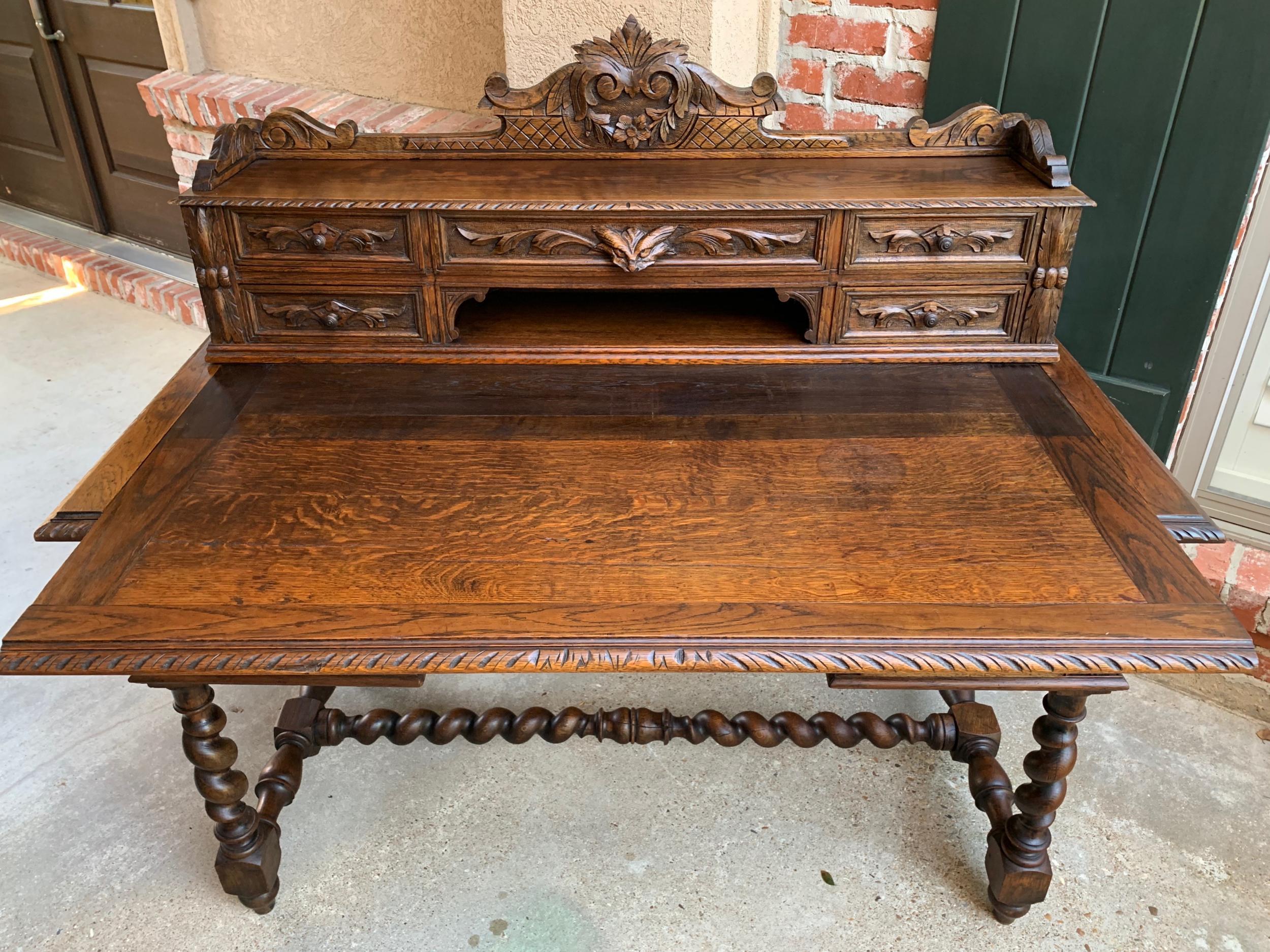 Hand-Carved 19th Century French Carved Oak Renaissance Desk Barley Twist Gothic Library