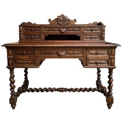19th Century French Carved Oak Renaissance Desk Barley Twist Gothic Library
