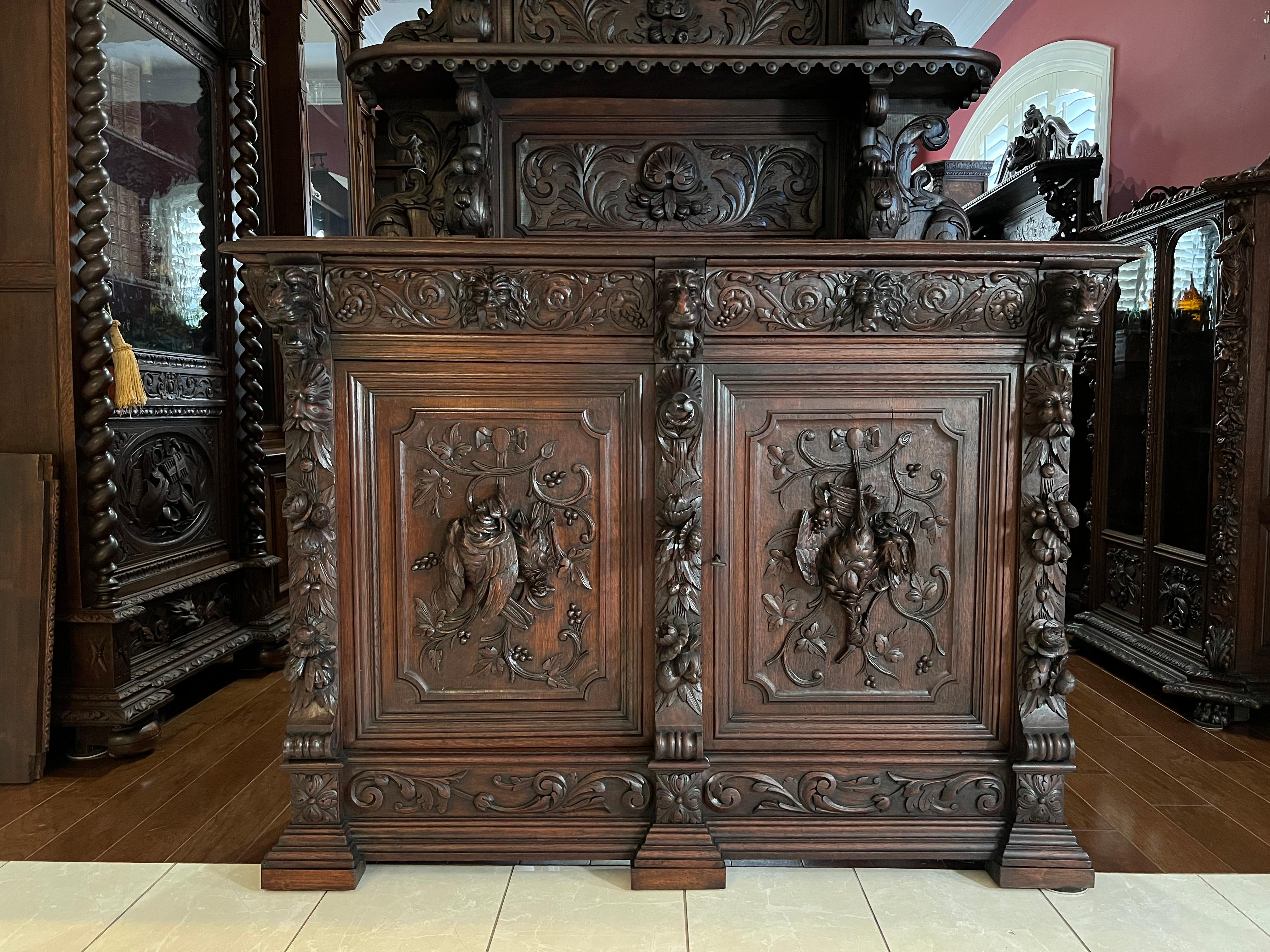 19th Century French Carved Oak Renaissance Hunt Cabinet Sideboard 6