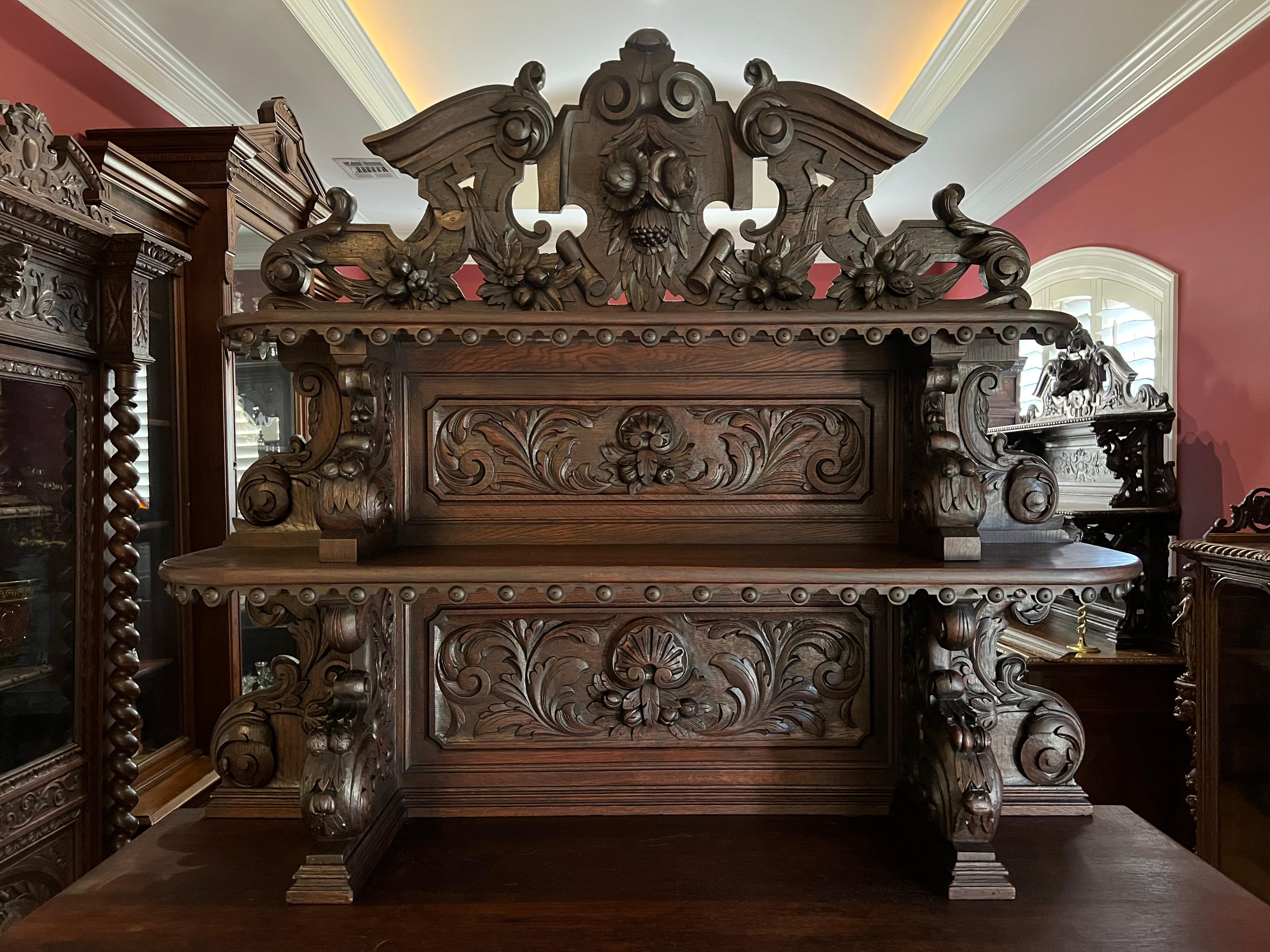 19th Century French Carved Oak Renaissance Hunt Cabinet Sideboard 7