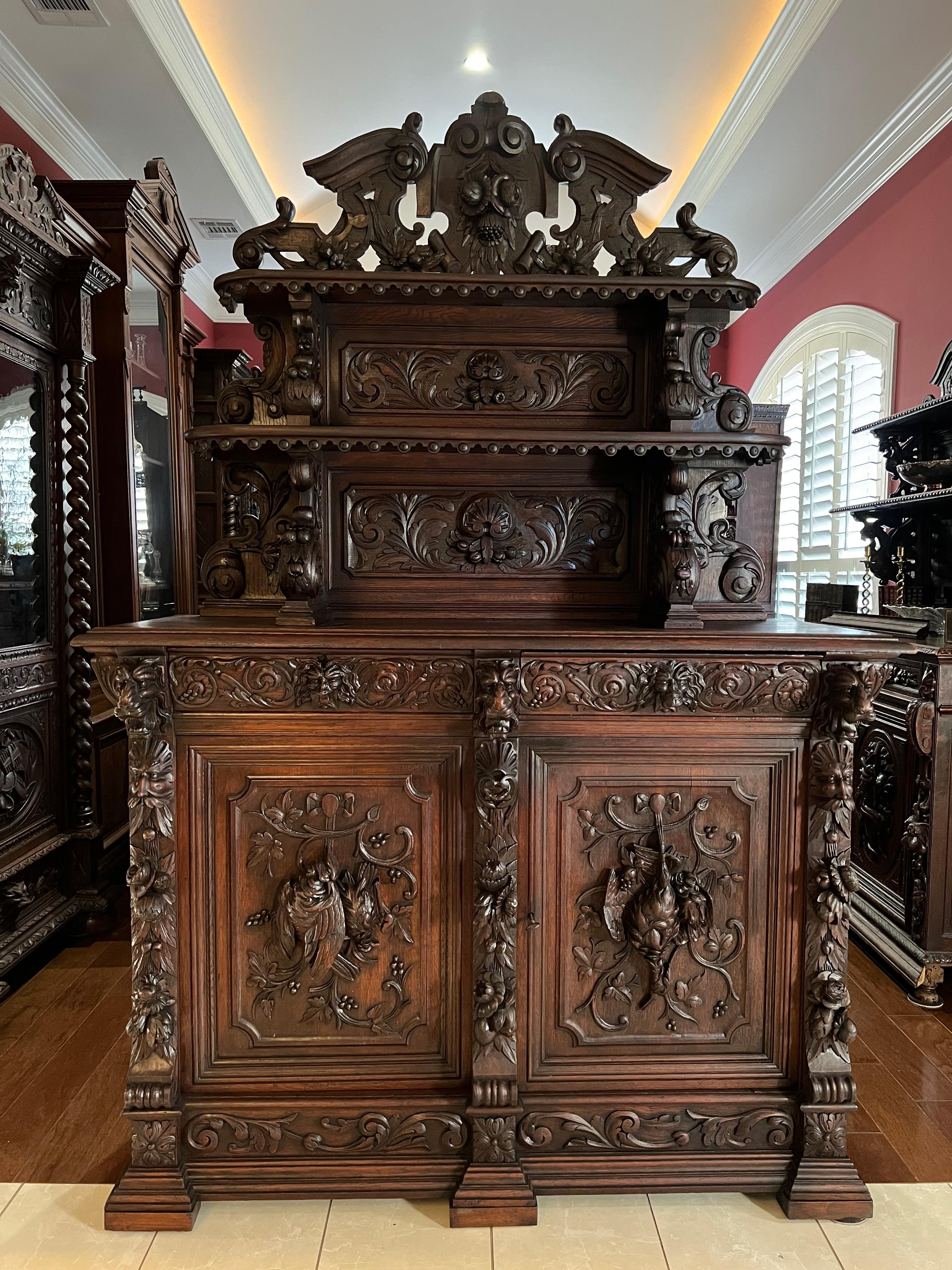 19th Century French Carved Oak Renaissance Hunt Cabinet Sideboard 8