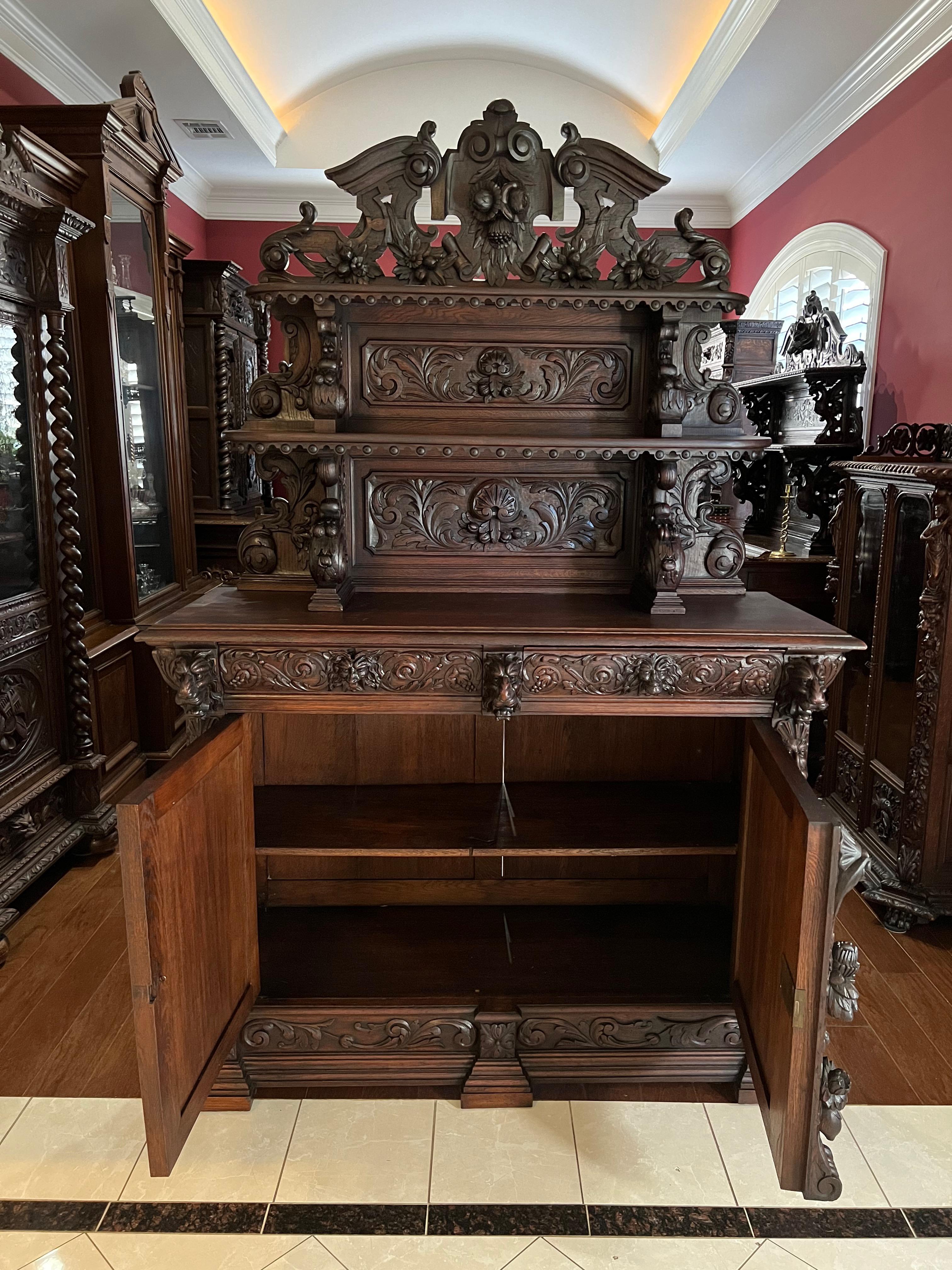 Hand-Carved 19th Century French Carved Oak Renaissance Hunt Cabinet Sideboard