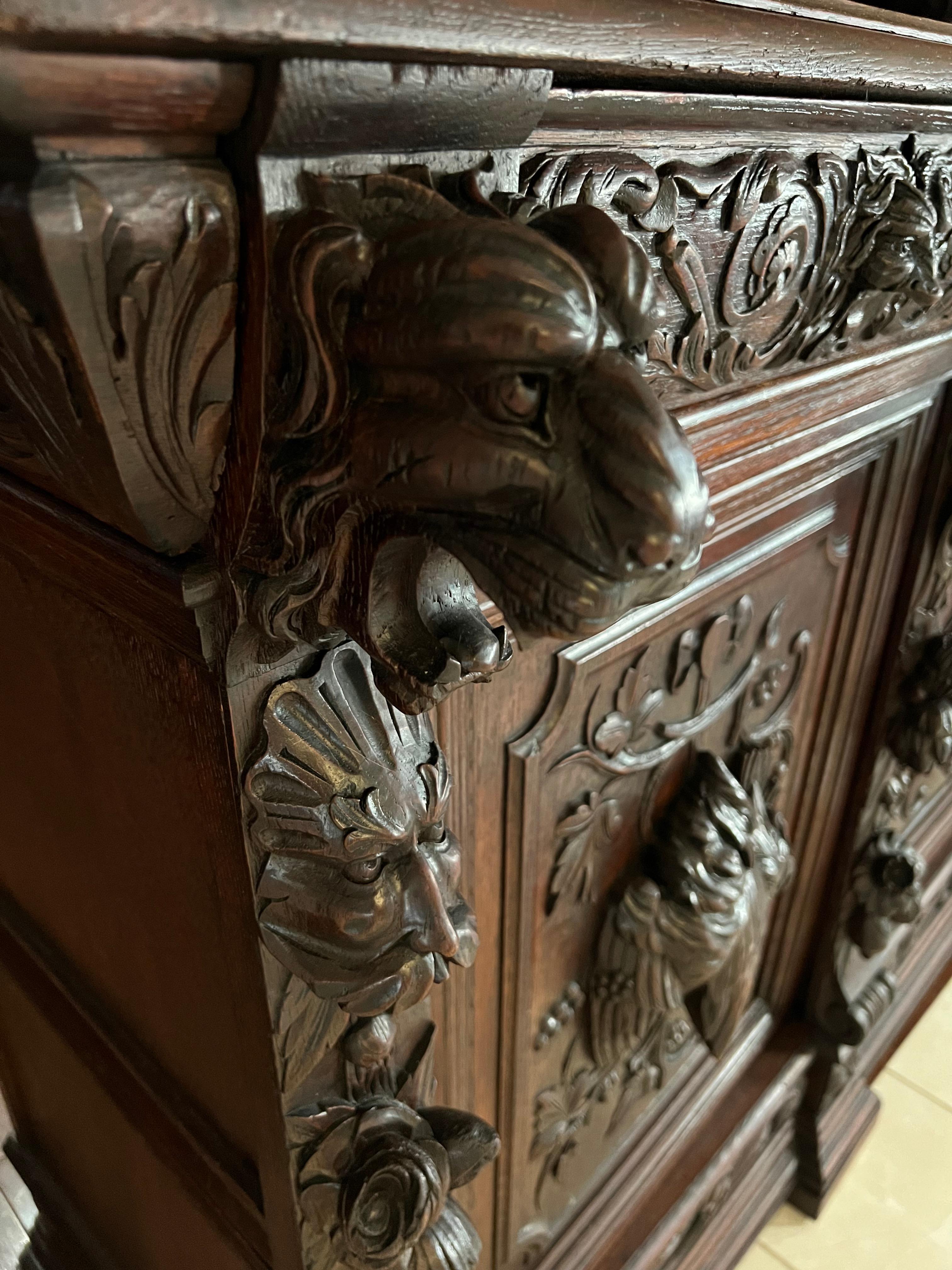 19th Century French Carved Oak Renaissance Hunt Cabinet Sideboard 1