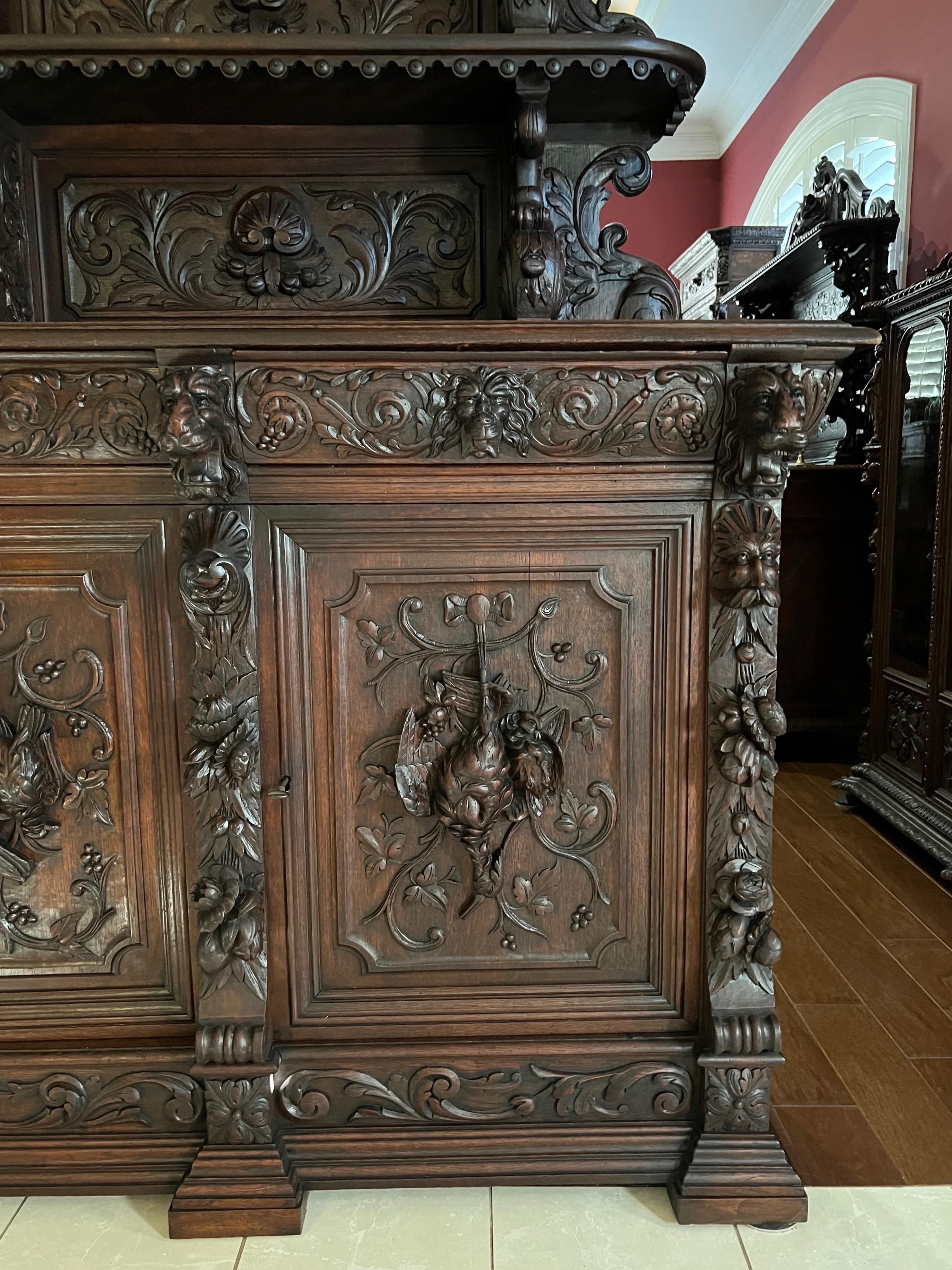 19th Century French Carved Oak Renaissance Hunt Cabinet Sideboard 3