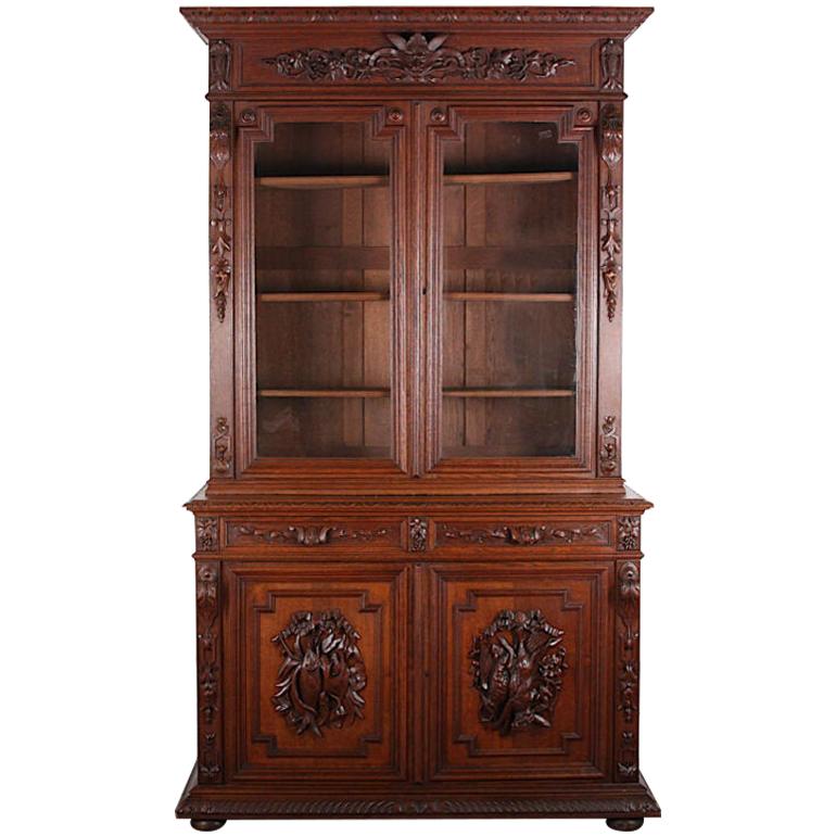 19th Century French Carved Oak Renaissance Revival Hunt Bookcase Cabinet