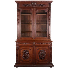 19th Century French Carved Oak Renaissance Revival Hunt Bookcase Cabinet