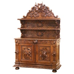 19th Century French Carved Oak Saint-Hubert Hunt Buffet with Stag Crest
