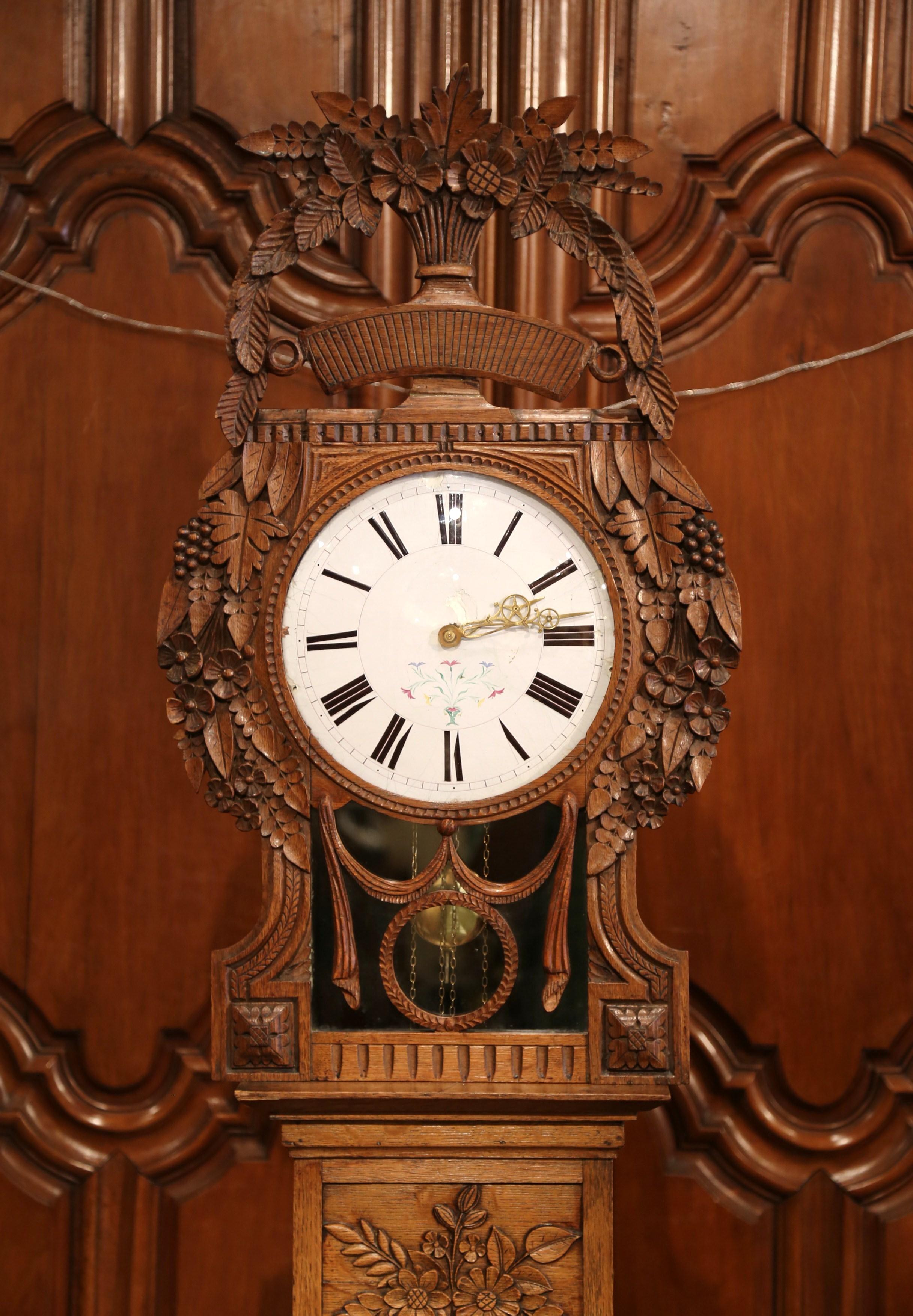 Louis XV 19th Century French Carved Oak Saint Nicholas Grandfather Clock from Normandy