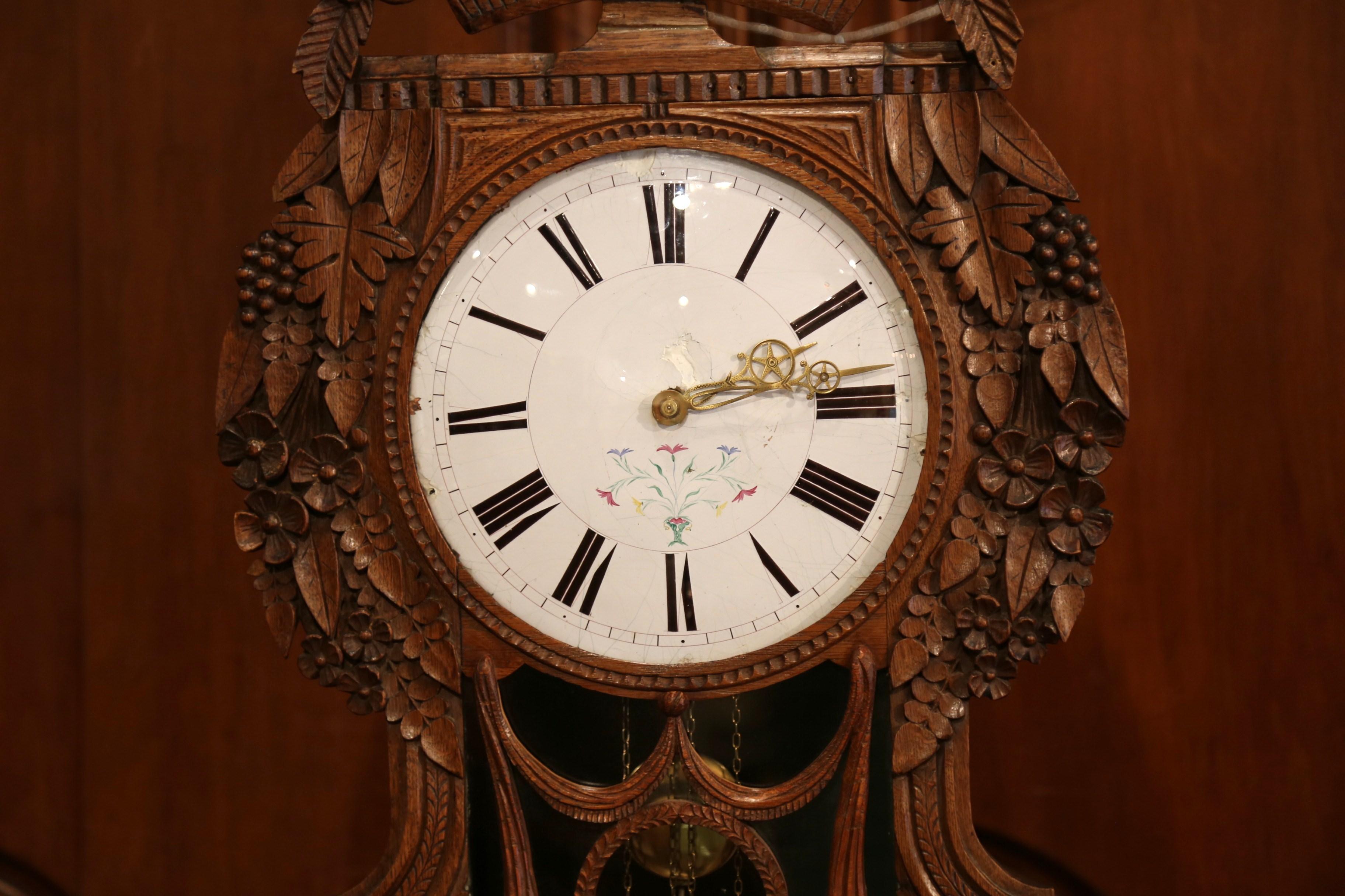 Patinated 19th Century French Carved Oak Saint Nicholas Grandfather Clock from Normandy
