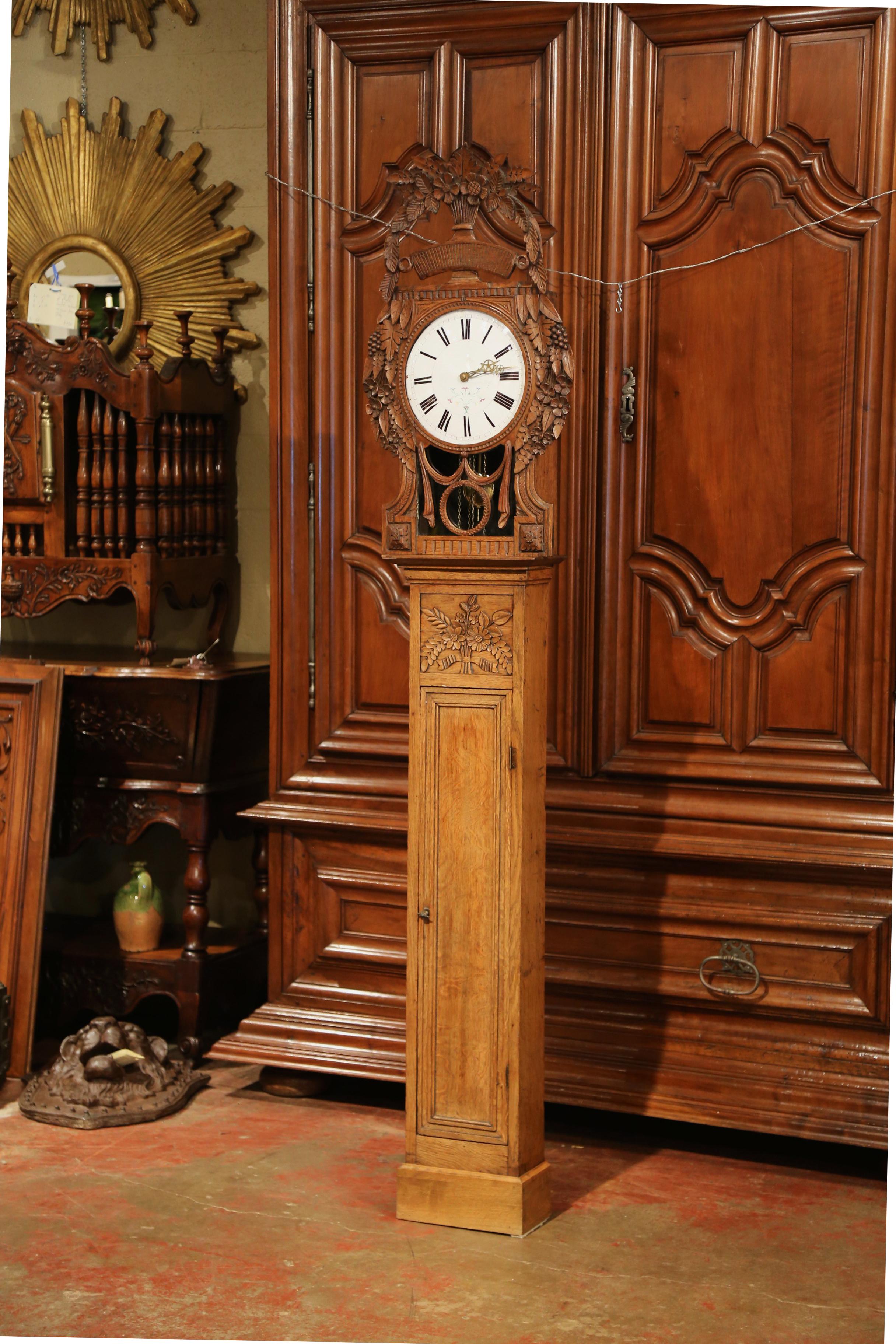 19th Century French Carved Oak Saint Nicholas Grandfather Clock from Normandy In Excellent Condition In Dallas, TX