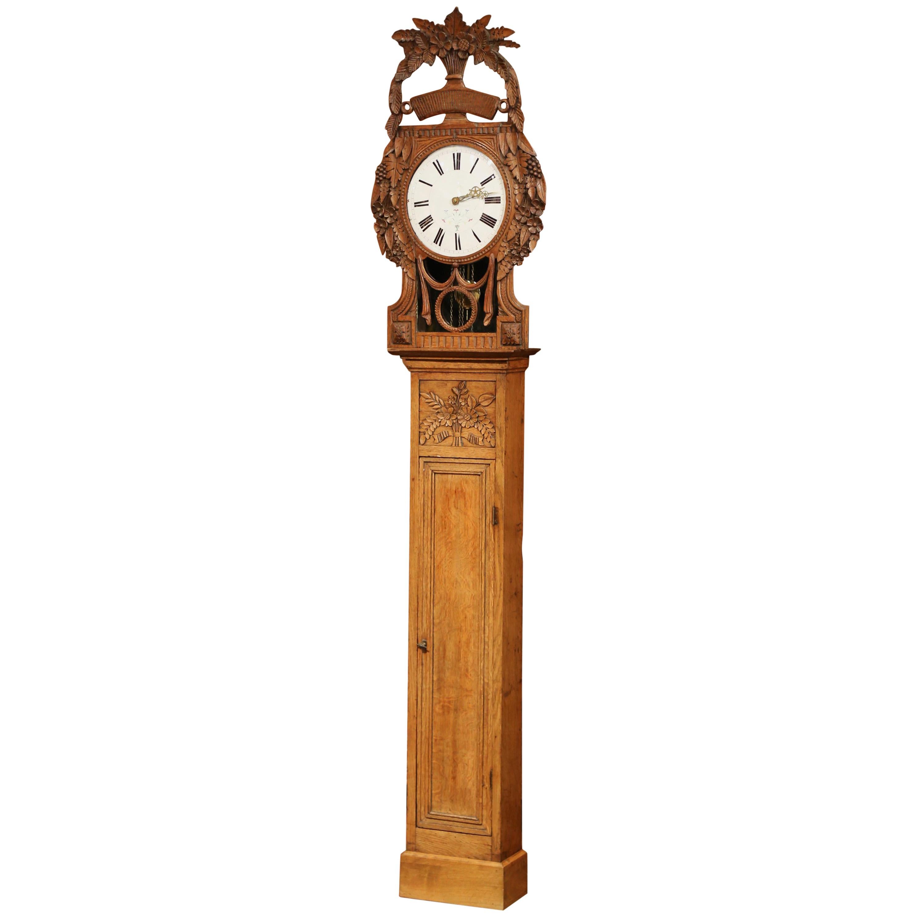 19th Century French Carved Oak Saint Nicholas Grandfather Clock from Normandy