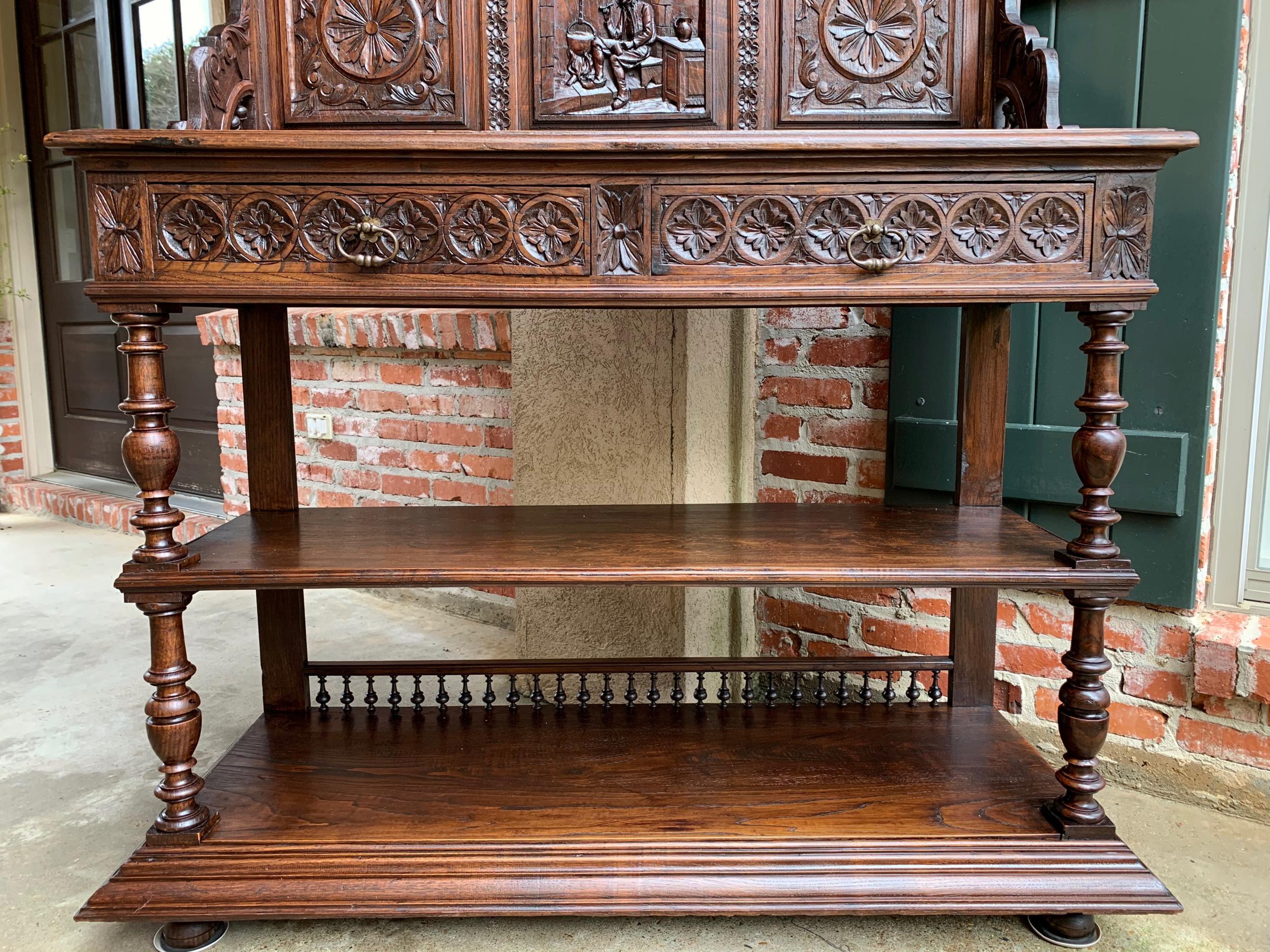 Antique French Carved Oak Server Sideboard Display Breton Brittany Marble For Sale 8