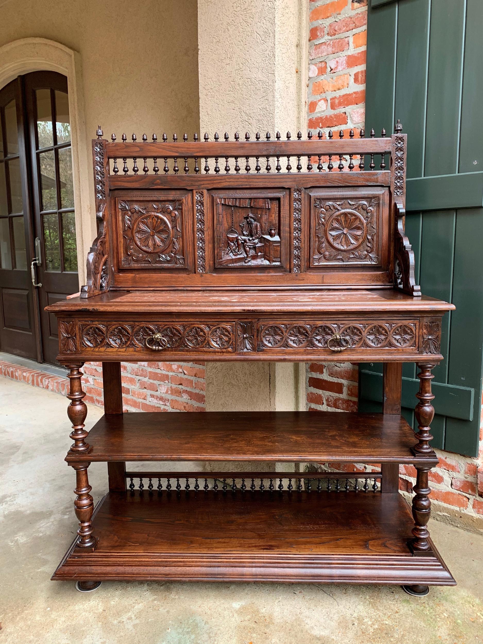 French Provincial Antique French Carved Oak Server Sideboard Display Breton Brittany Marble For Sale