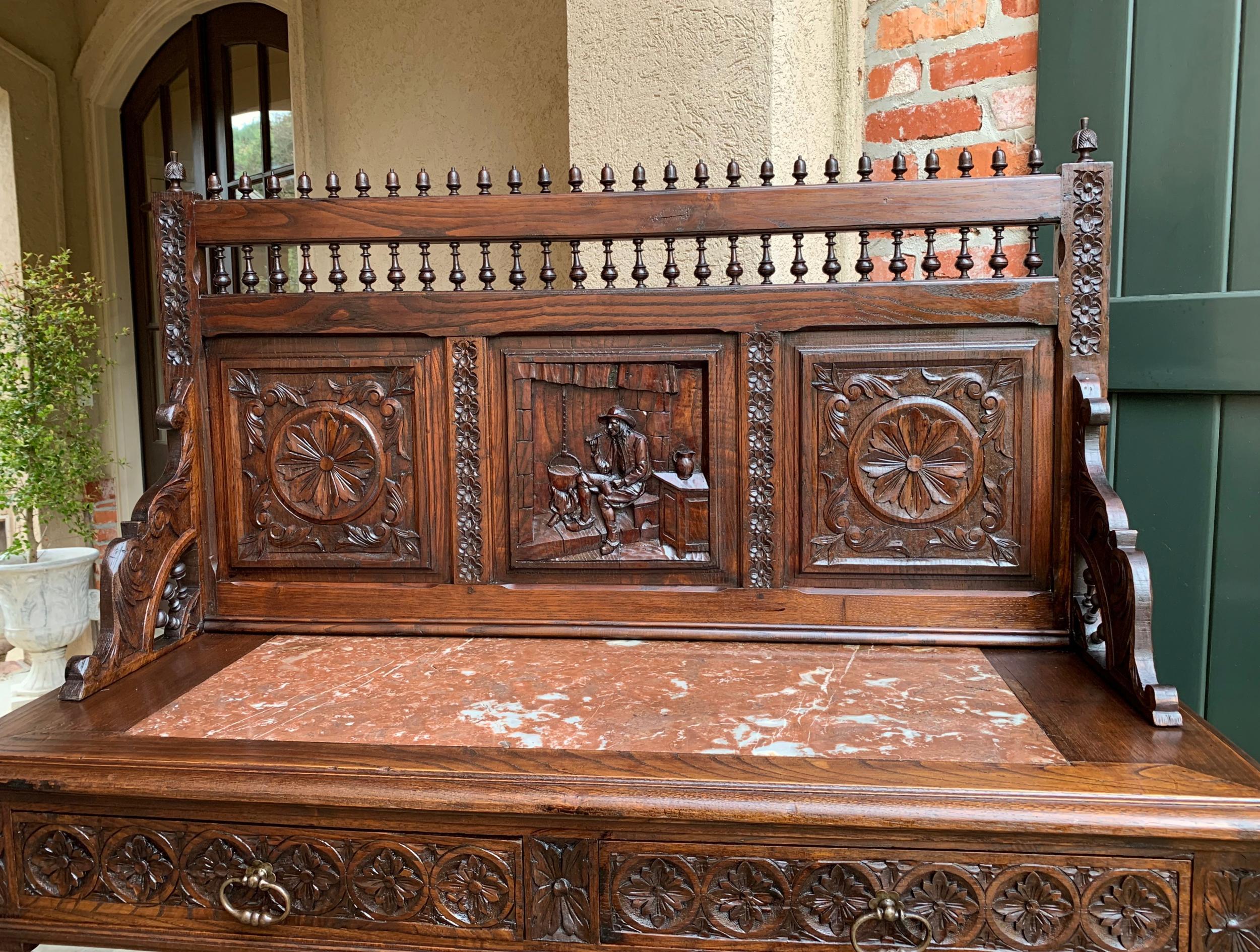 Hand-Carved Antique French Carved Oak Server Sideboard Display Breton Brittany Marble For Sale