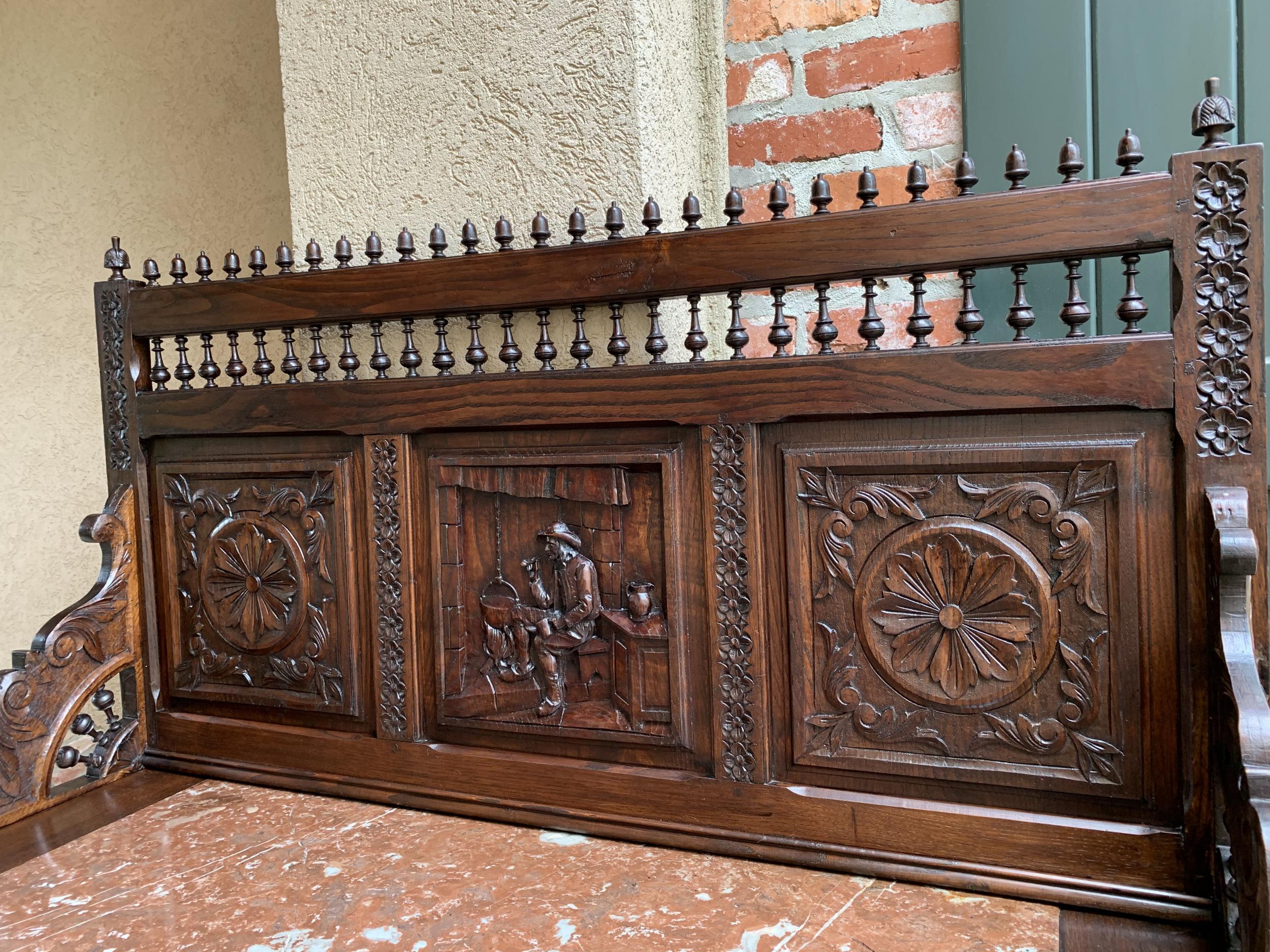 Antique French Carved Oak Server Sideboard Display Breton Brittany Marble In Good Condition For Sale In Shreveport, LA