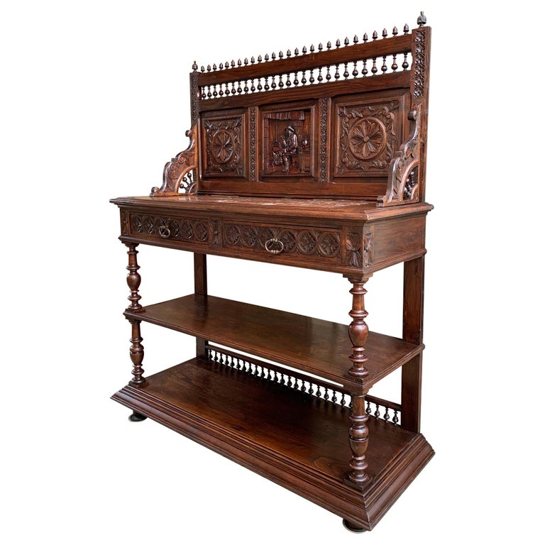 Antique French Carved Oak Server Sideboard Display Breton Brittany