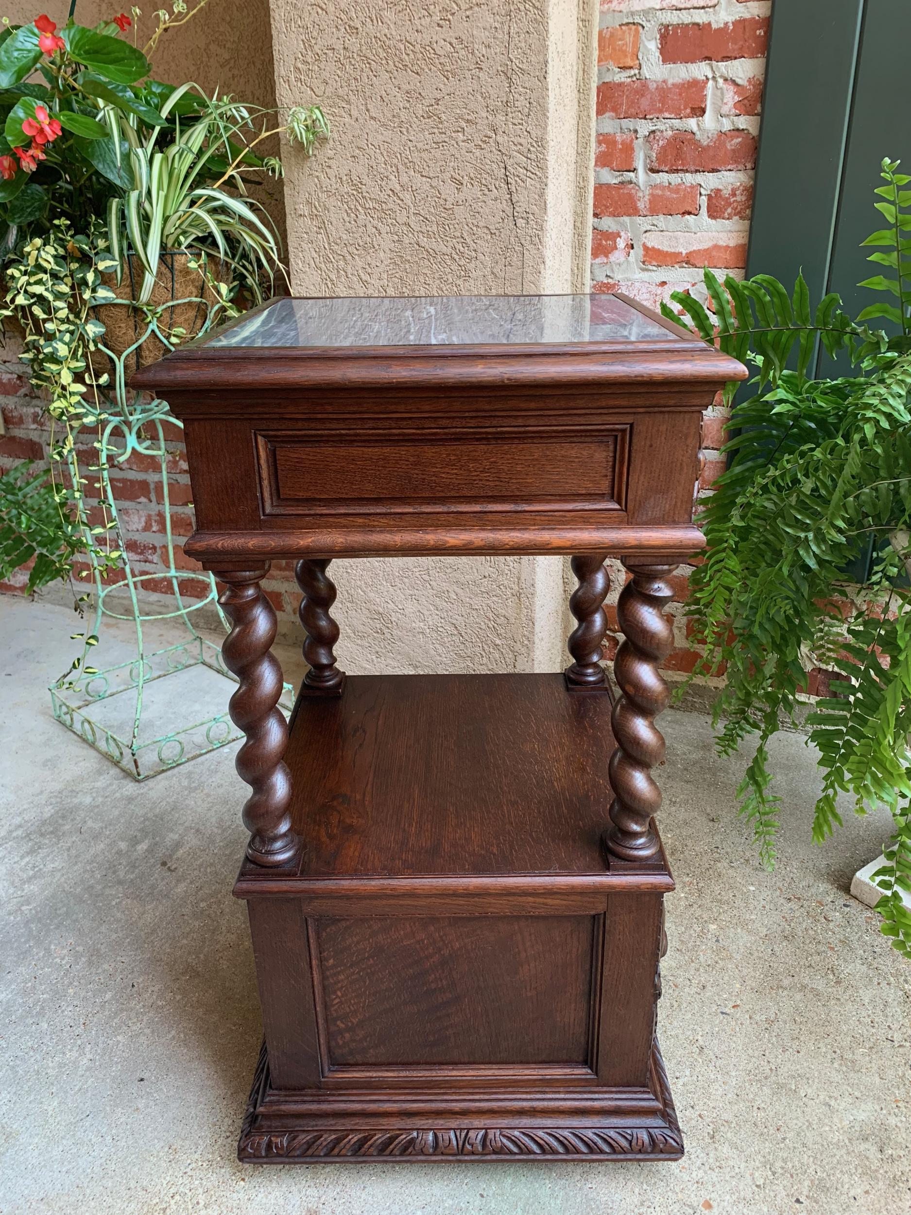 19th century French Carved Oak Side Cabinet Table Barley Twist Marble Louis XIII 8