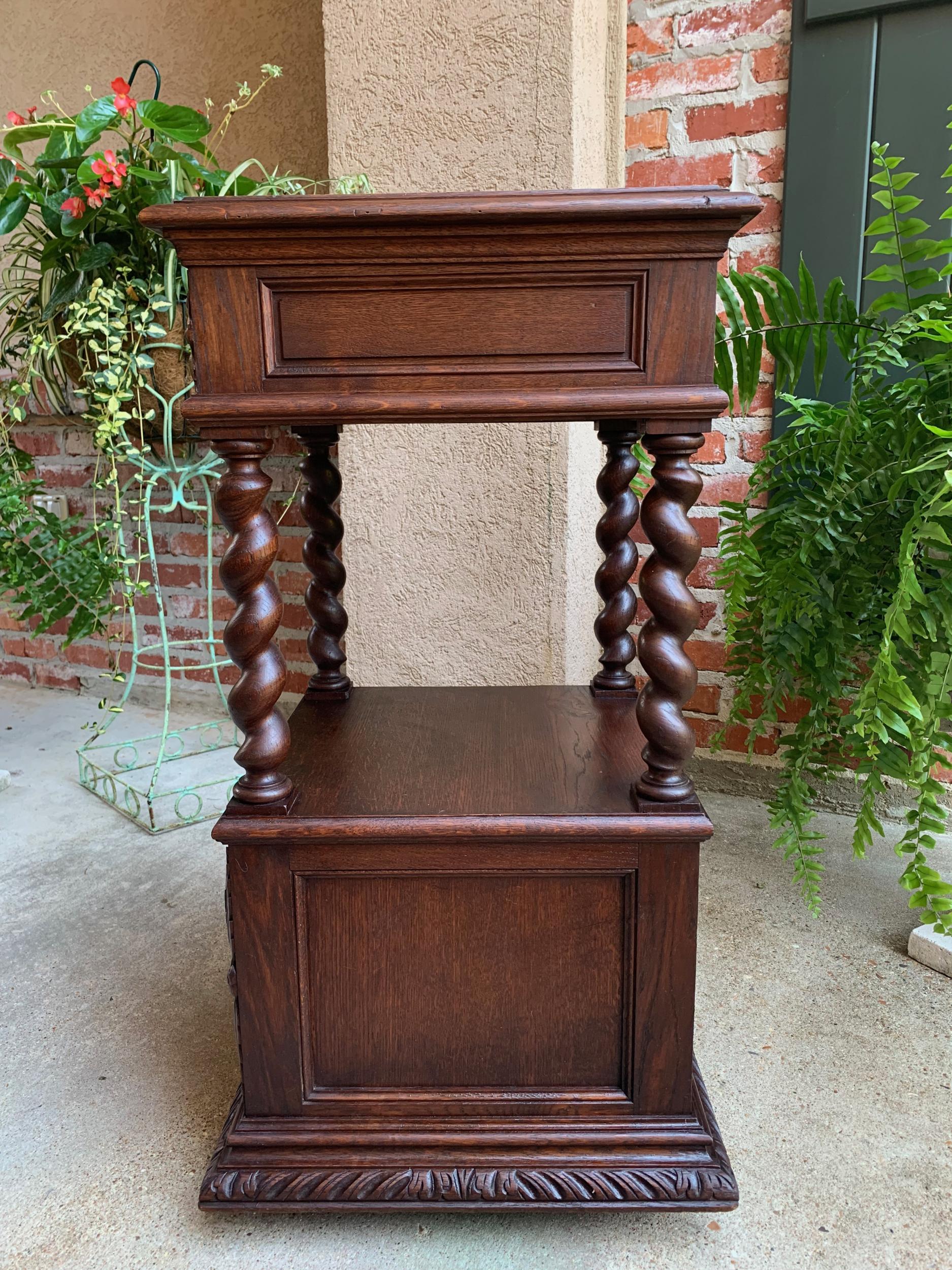 19th century French Carved Oak Side Cabinet Table Barley Twist Marble Louis XIII 12
