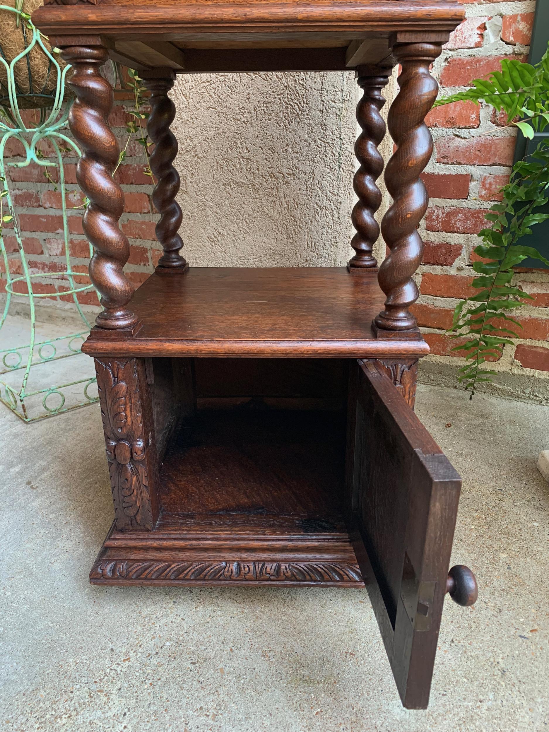 19th century French Carved Oak Side Cabinet Table Barley Twist Marble Louis XIII 14