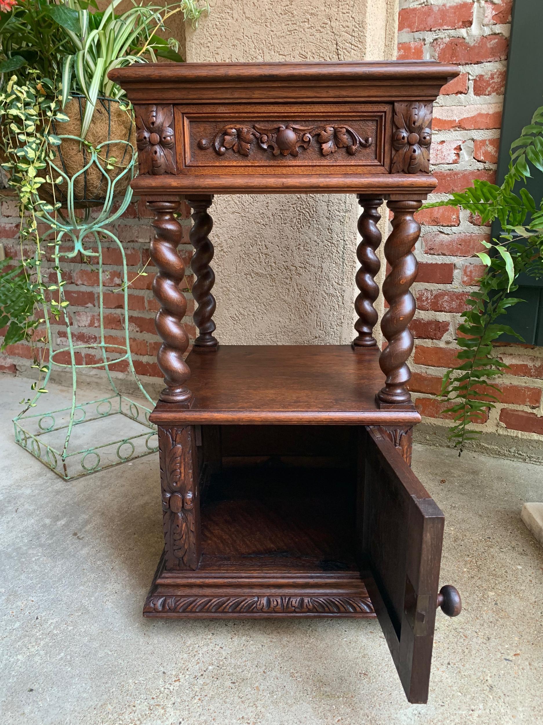 19th century French Carved Oak Side Cabinet Table Barley Twist Marble Louis XIII 15